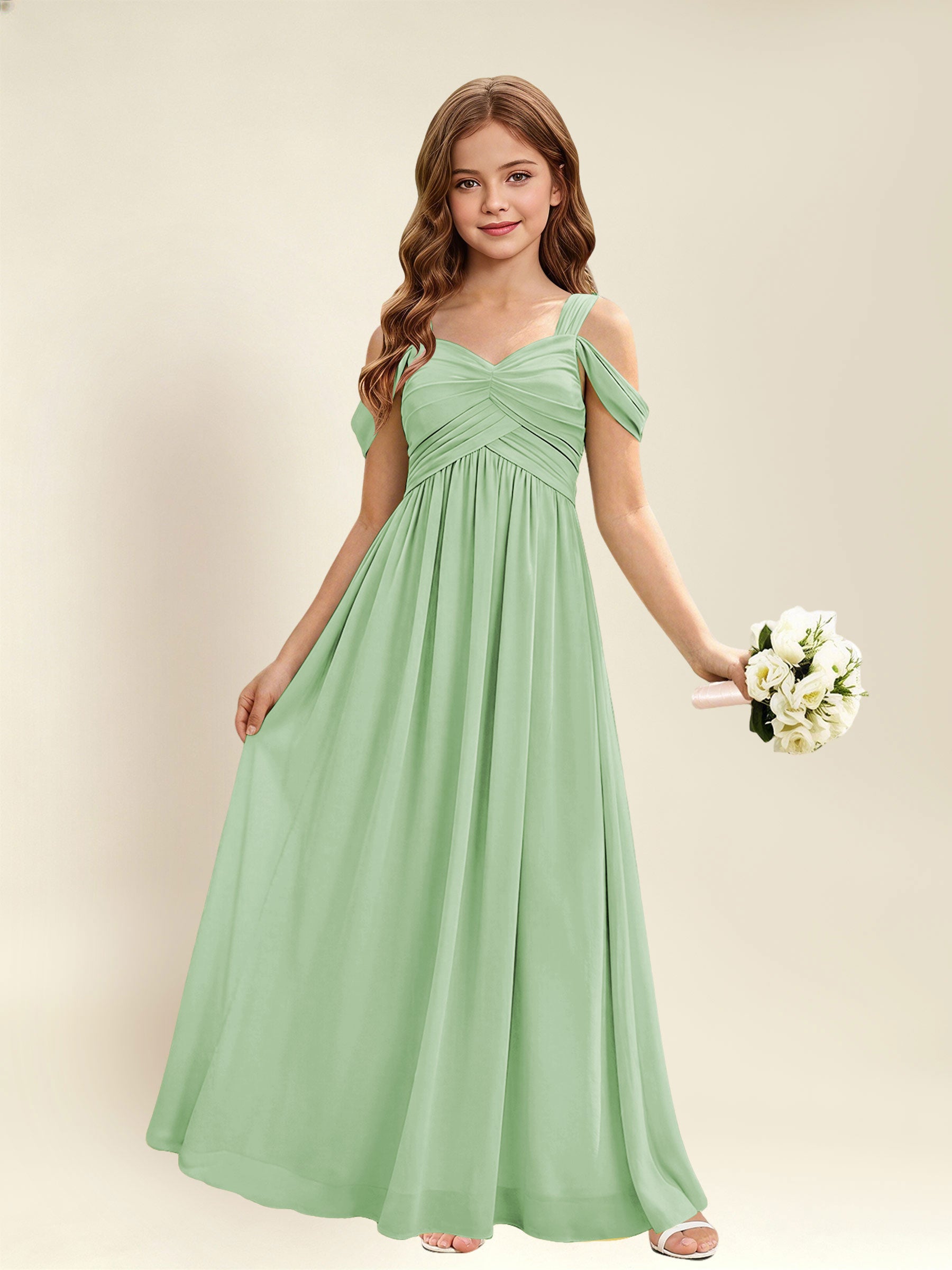 ROVDESY A-Line Off The Shoulder Pleated Chiffon Junior Bridesmaid Dress
