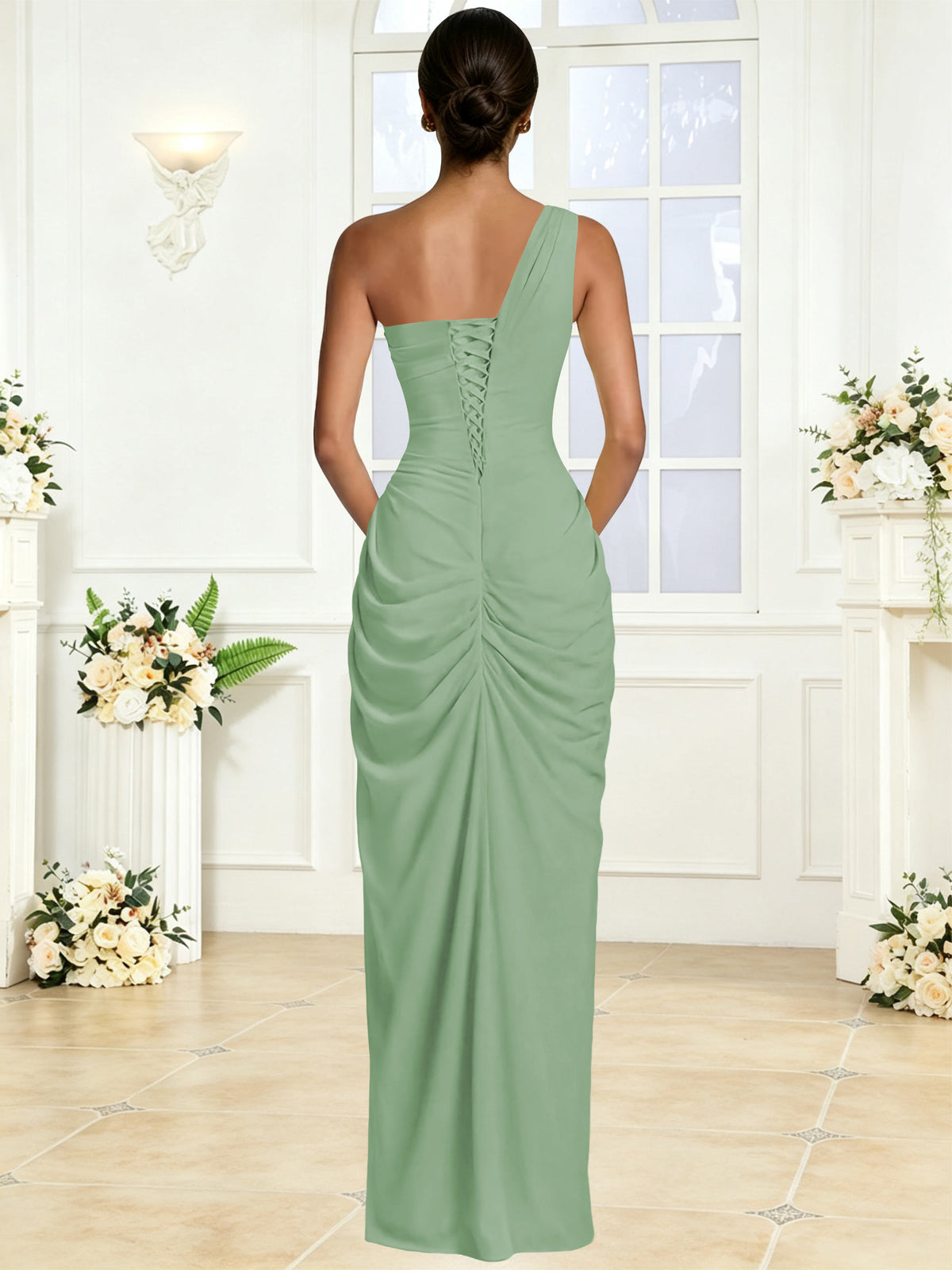 One Shoulder Chiffon Mermaid Long Bridesmaid Dress with Slit
