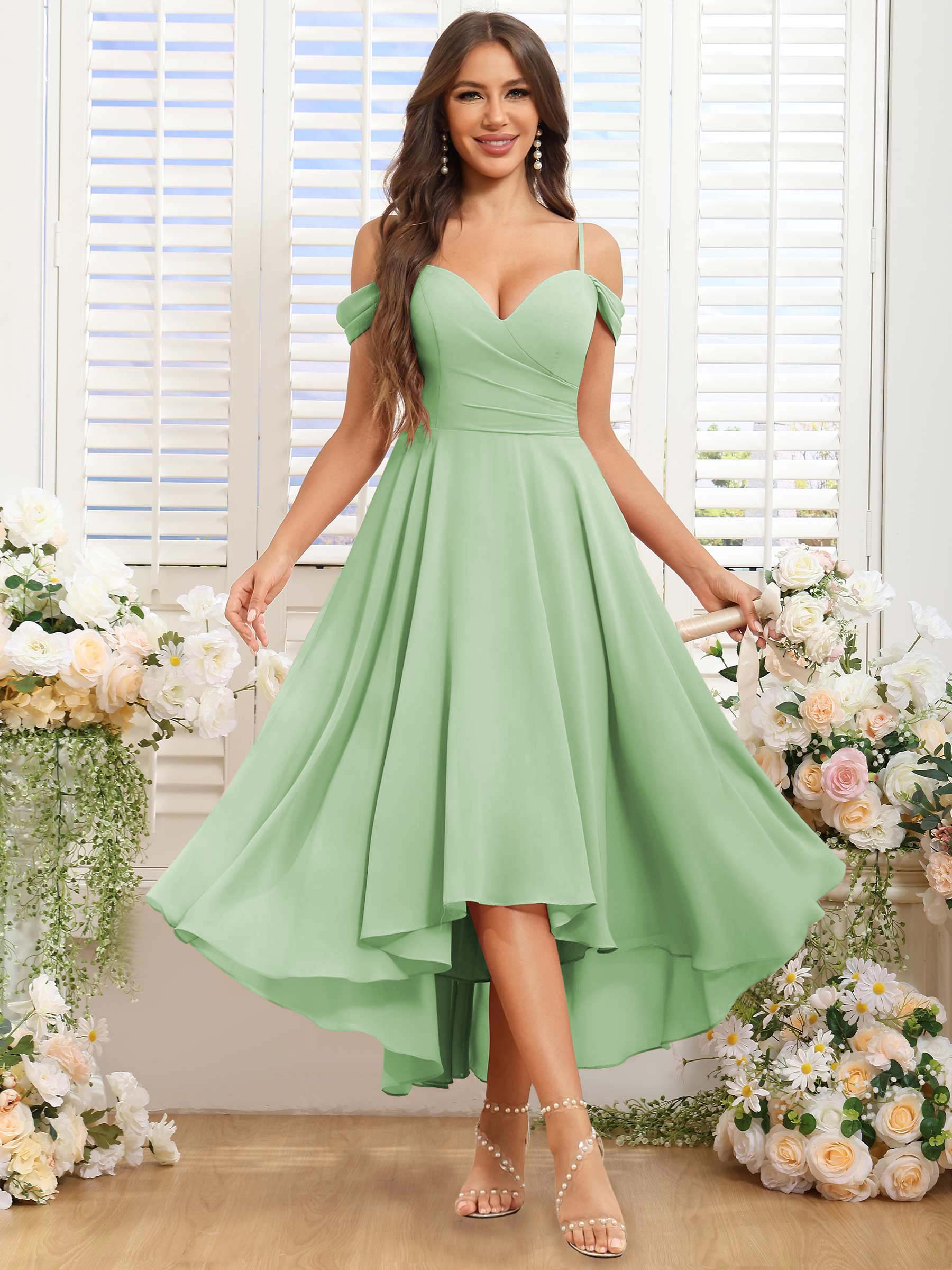ROVDESY ROVDESY Short Cold Shoulder Sweetheart High Low Pleated Chiffon Bridesmaid Dress