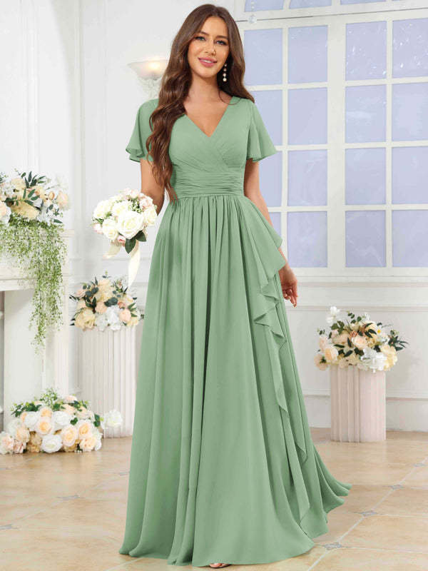 A-Line V-Neck Slit Pleated Ruffle Chiffon Bridesmaid Dress With Short Sleeves