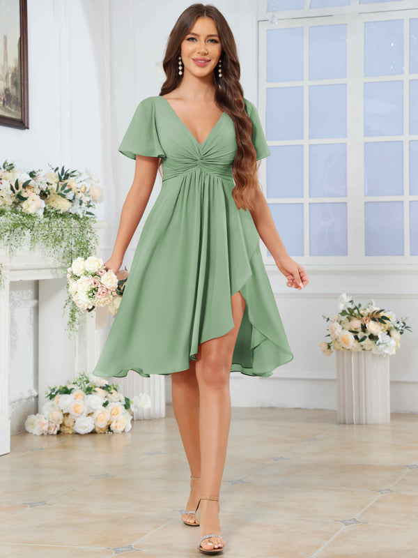 Knee Length V-Neck Pleated Chiffon Bridesmaid Dress With Short Sleeves
