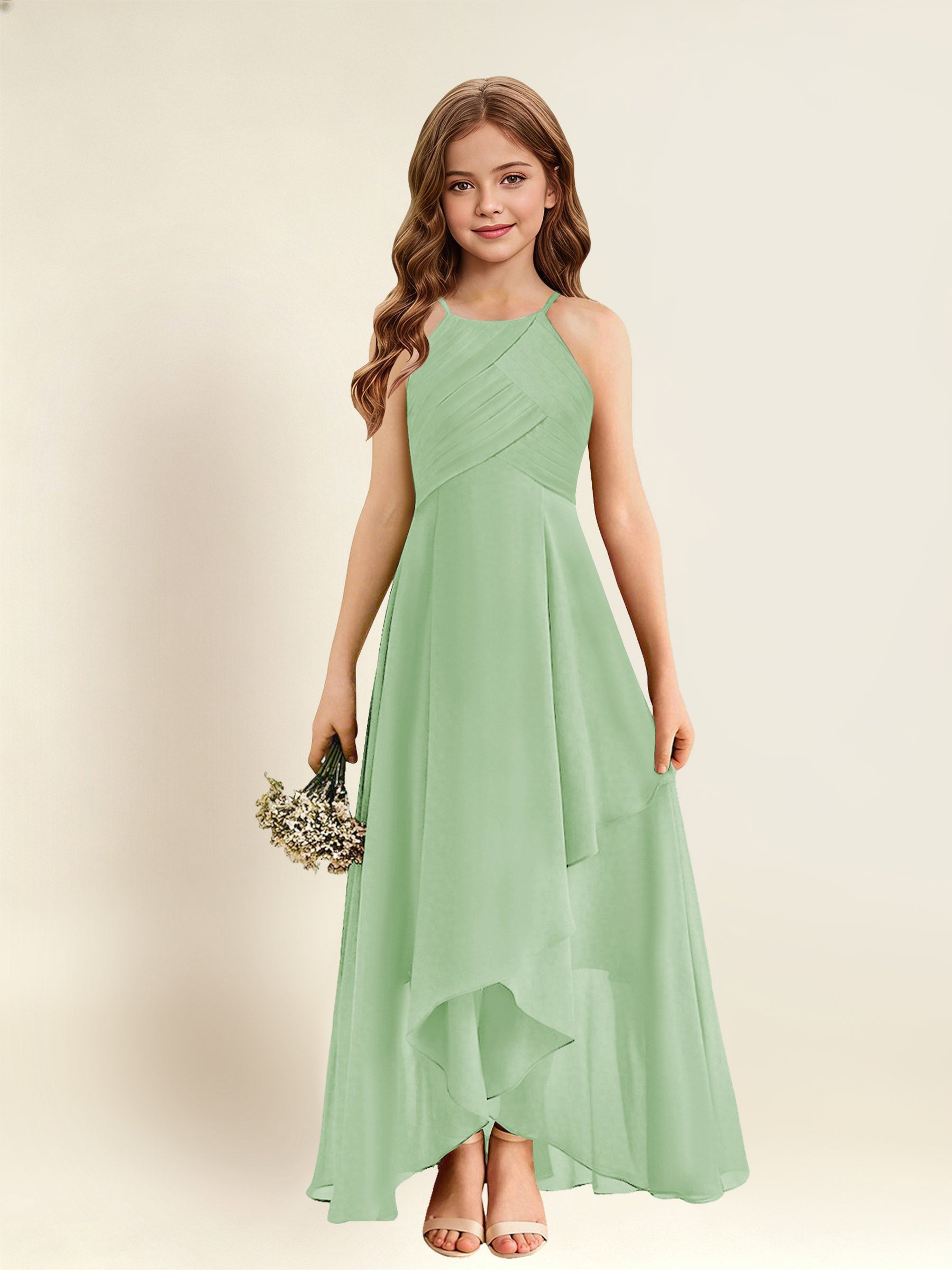 ROVDESY A-Line Halter Pleated Chiffon Junior Bridesmaid Dress