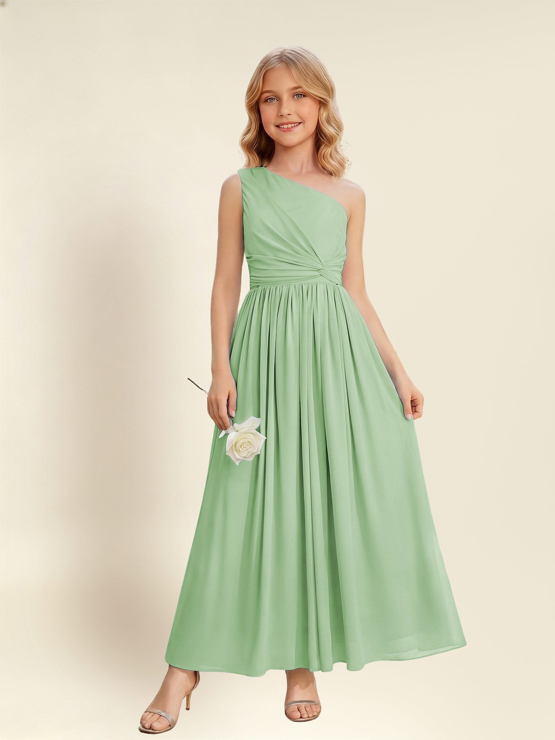 ROVDESY One Shoulder Twist Waist Chiffon Junior Bridesmaid Maxi Dress