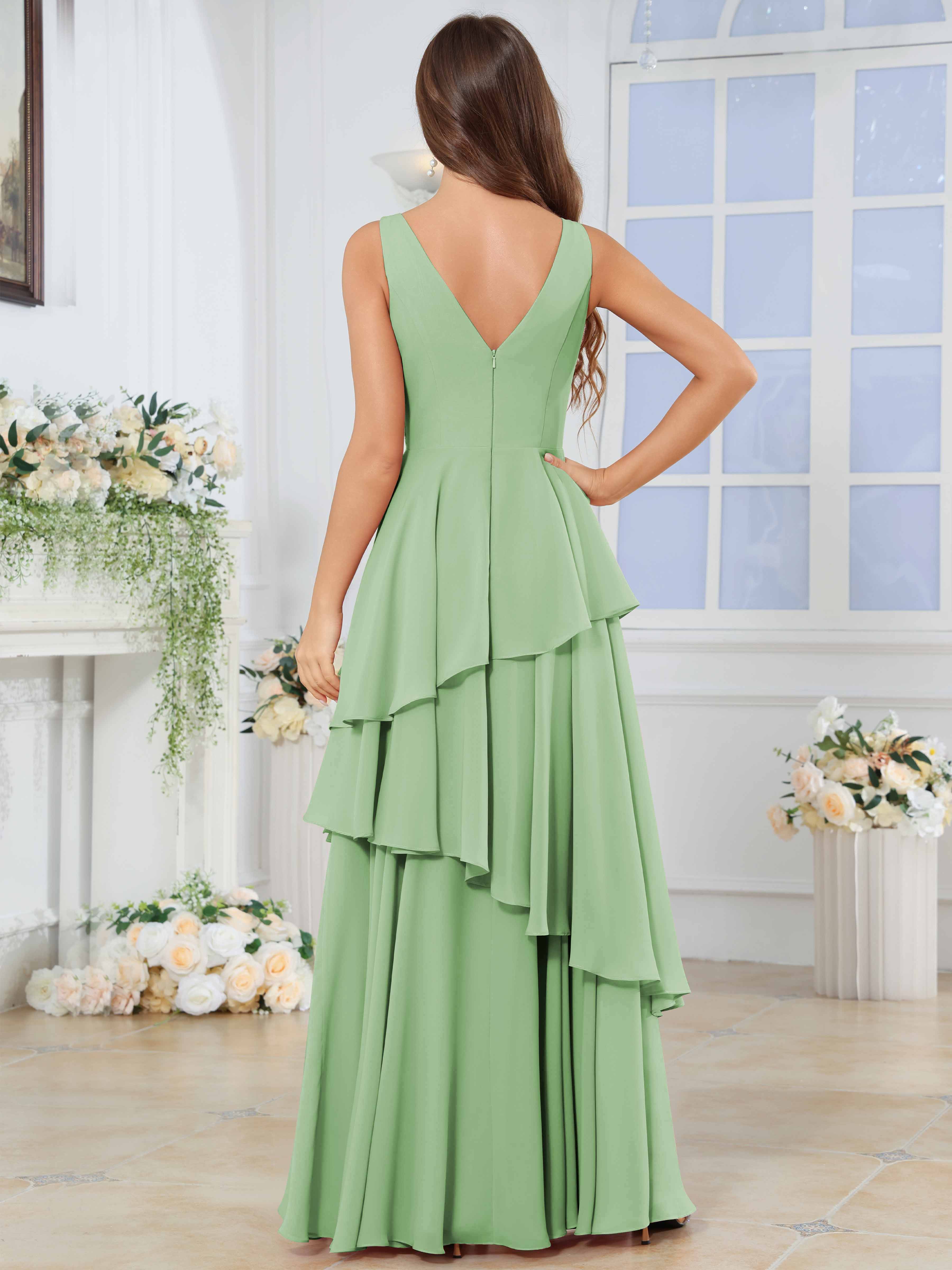 ROVDESY Long Sleeveless V-Neck Tiered Pleated Chiffon Bridesmaid Dress