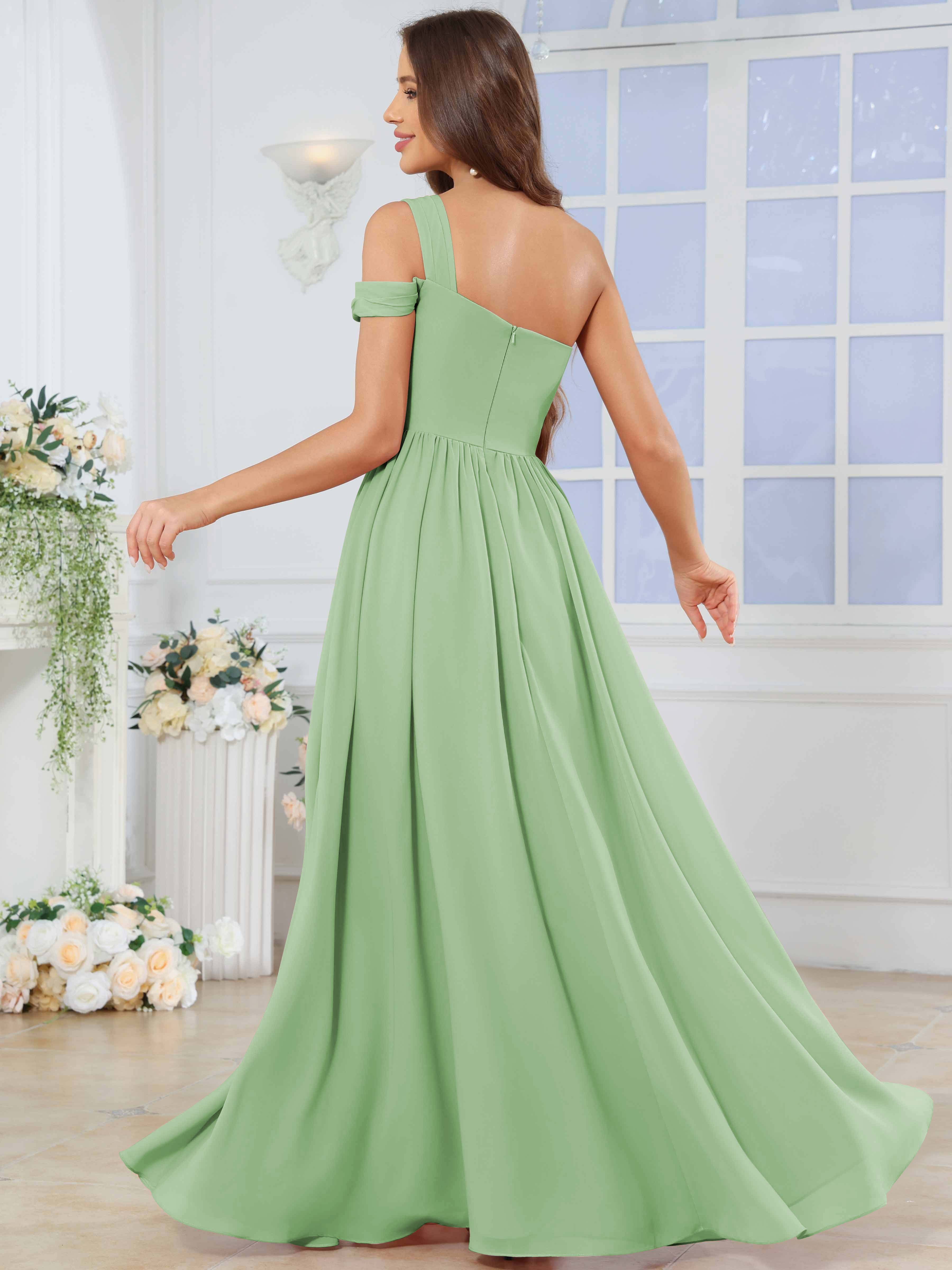 ROVDESY One Shoulder Pleated Chiffon Bridesmaid Dress With Slit