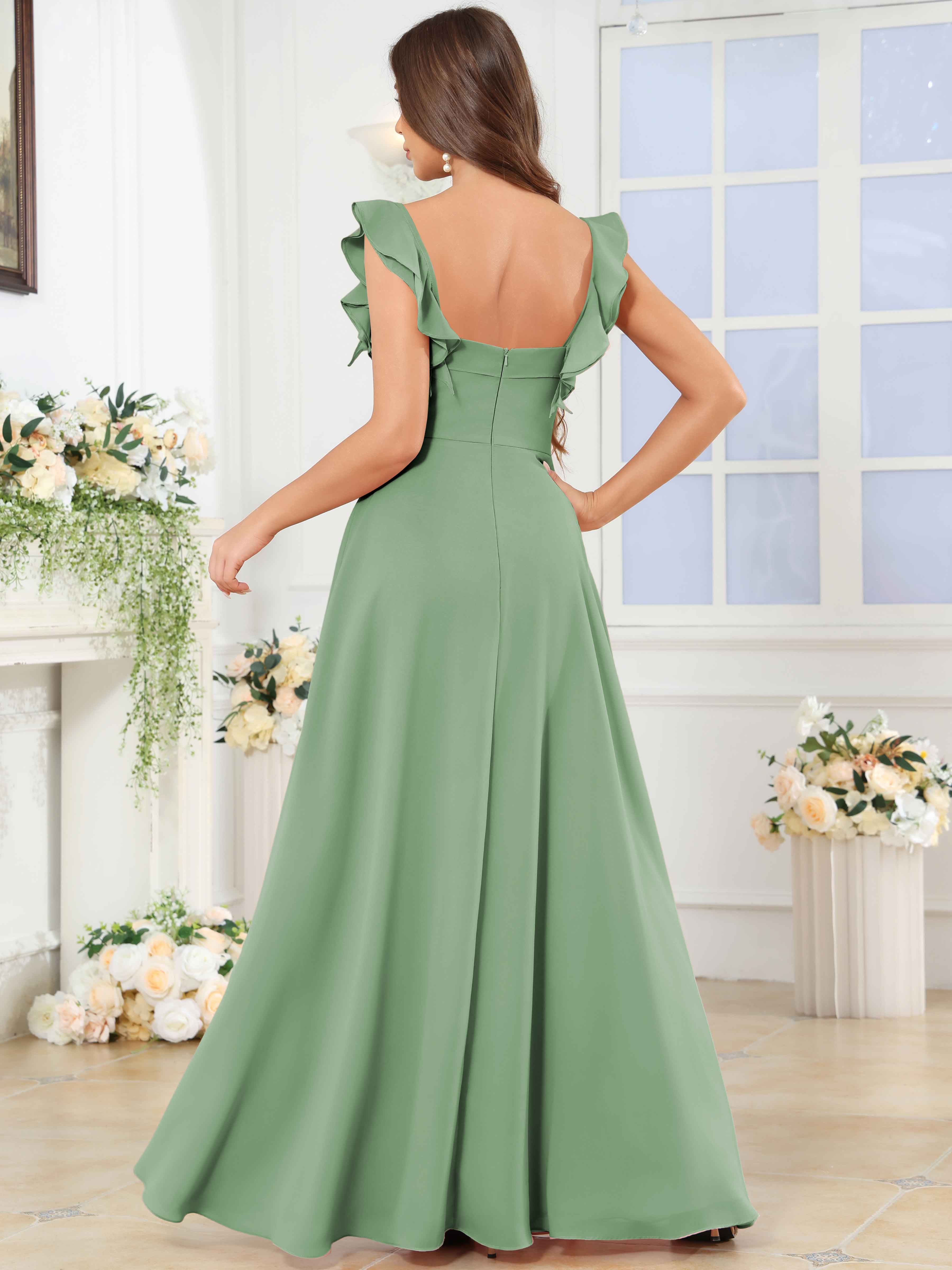 ROVDESY Square Neck Ruffle Chffion Bridesmaid Dress With Slit