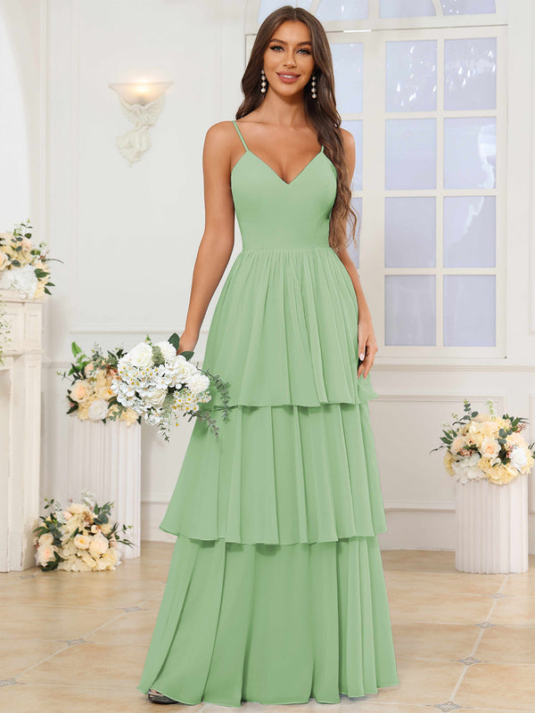 V-Neck Spaghetti Straps Tiered Chiffon Bridesmaid Dress With Ruffles