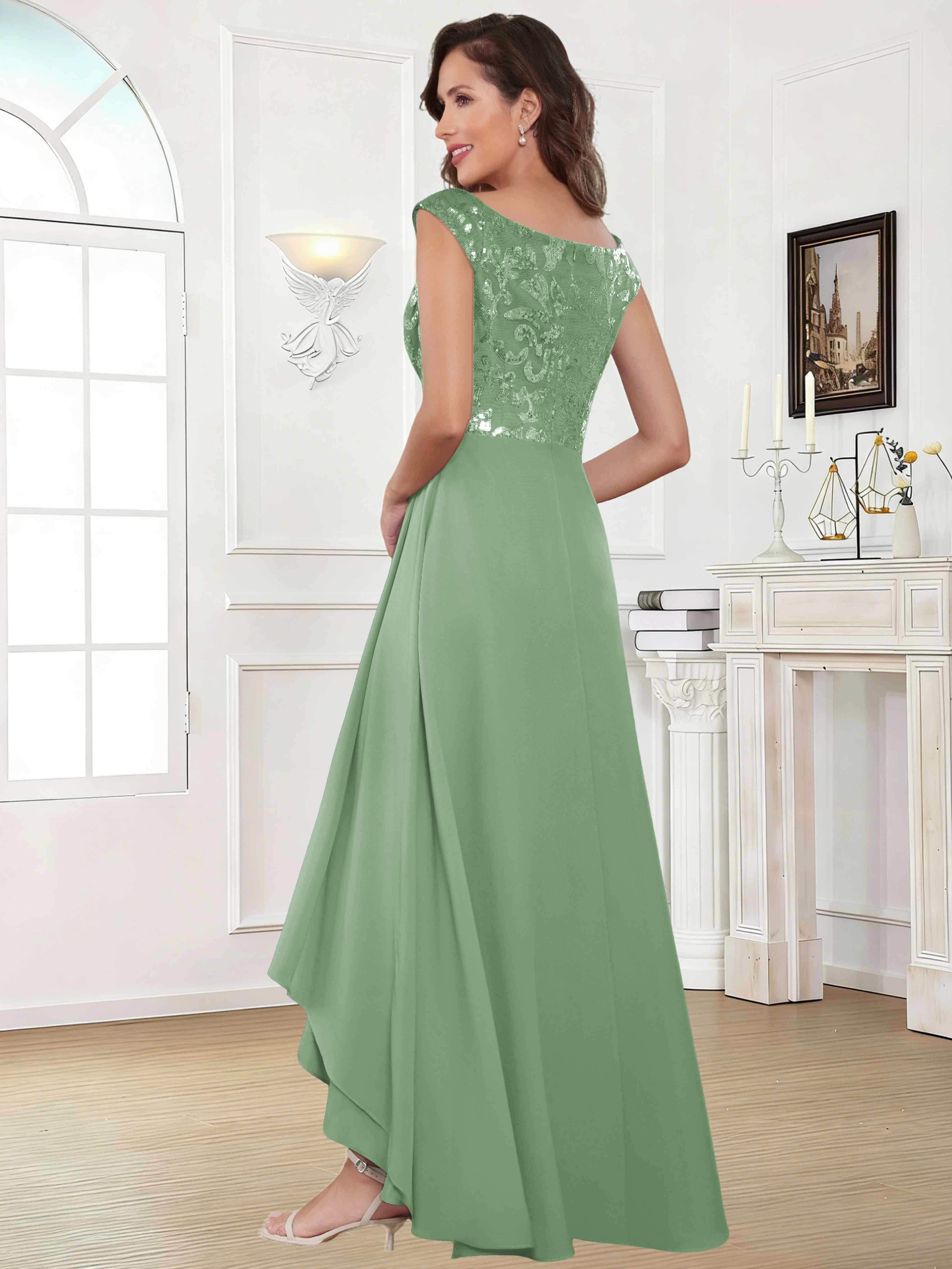 ROVDESY Tea Length Off-The-Shoulder Sequin Chiffon Mother Of The Bride Dress