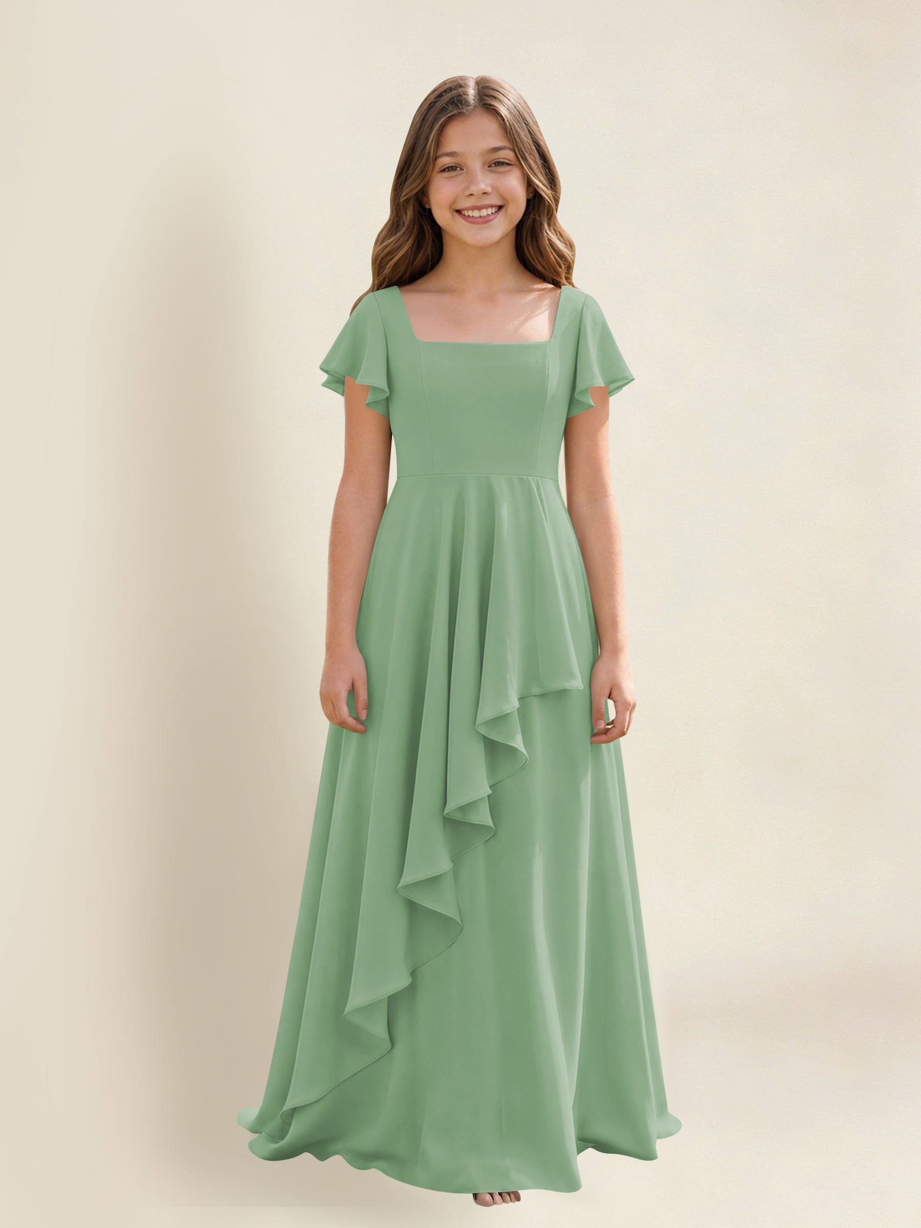 ROVDESY A-Line Square Neck Ruffle Chiffon Junior Bridesmaid Dress With Short Sleeves