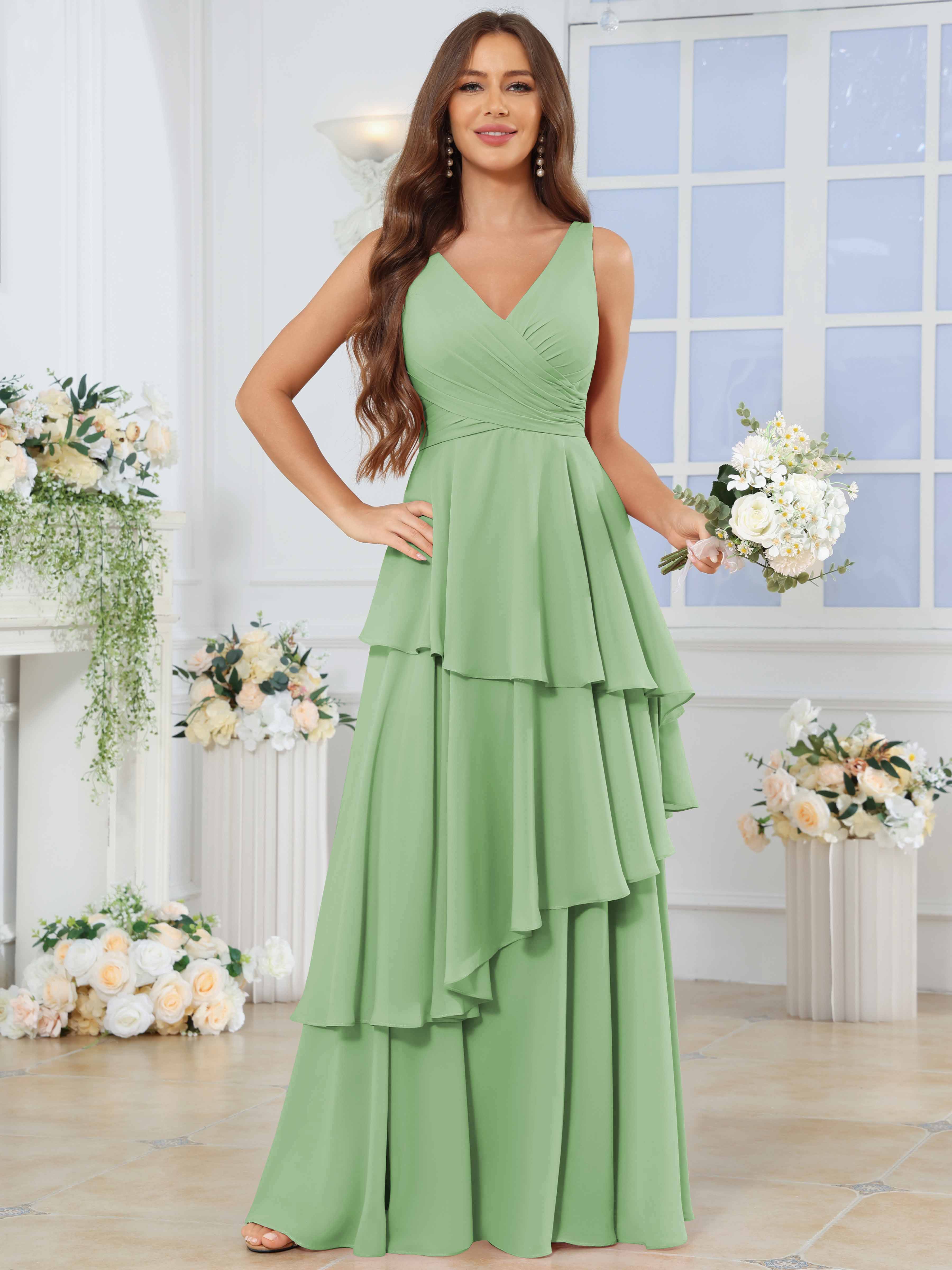 ROVDESY Long Sleeveless V-Neck Tiered Pleated Chiffon Bridesmaid Dress