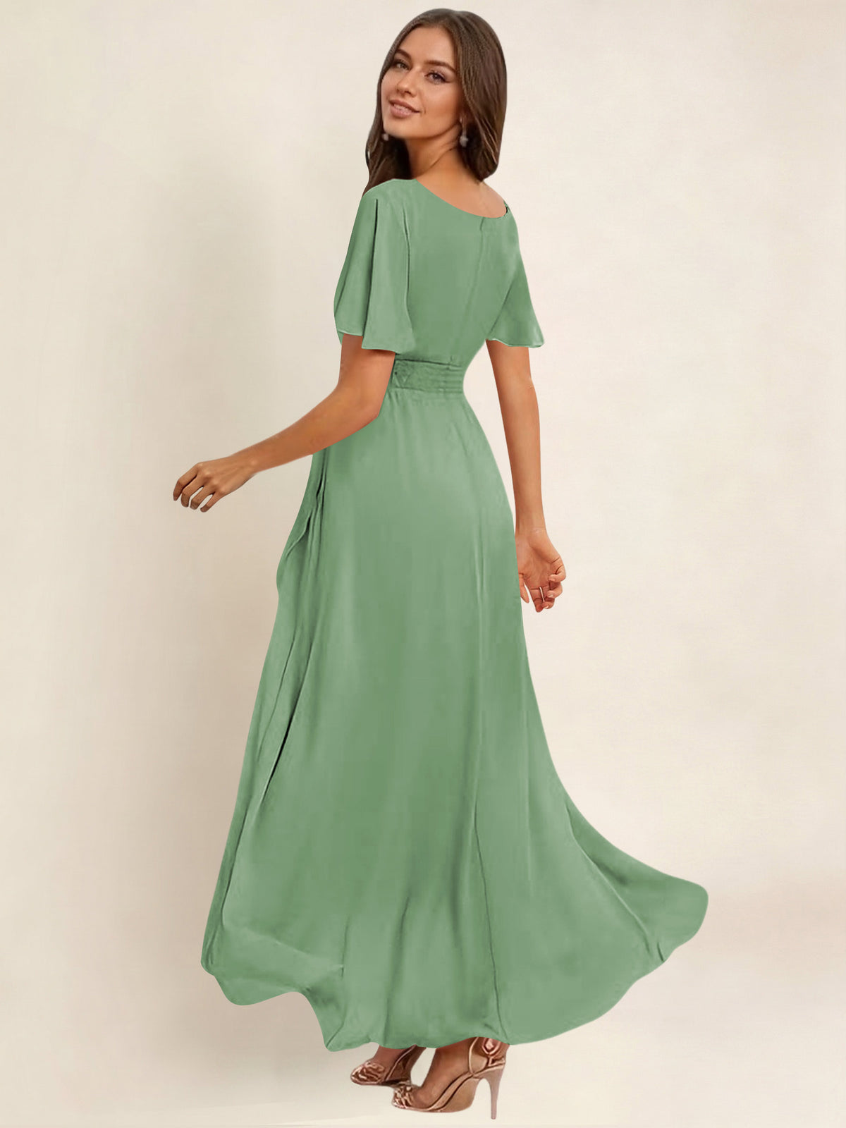 ROVDESY A-Line High Low Round Neck Pleated Ruffle Chiffon Bridesmaid Dress With Short Sleeves