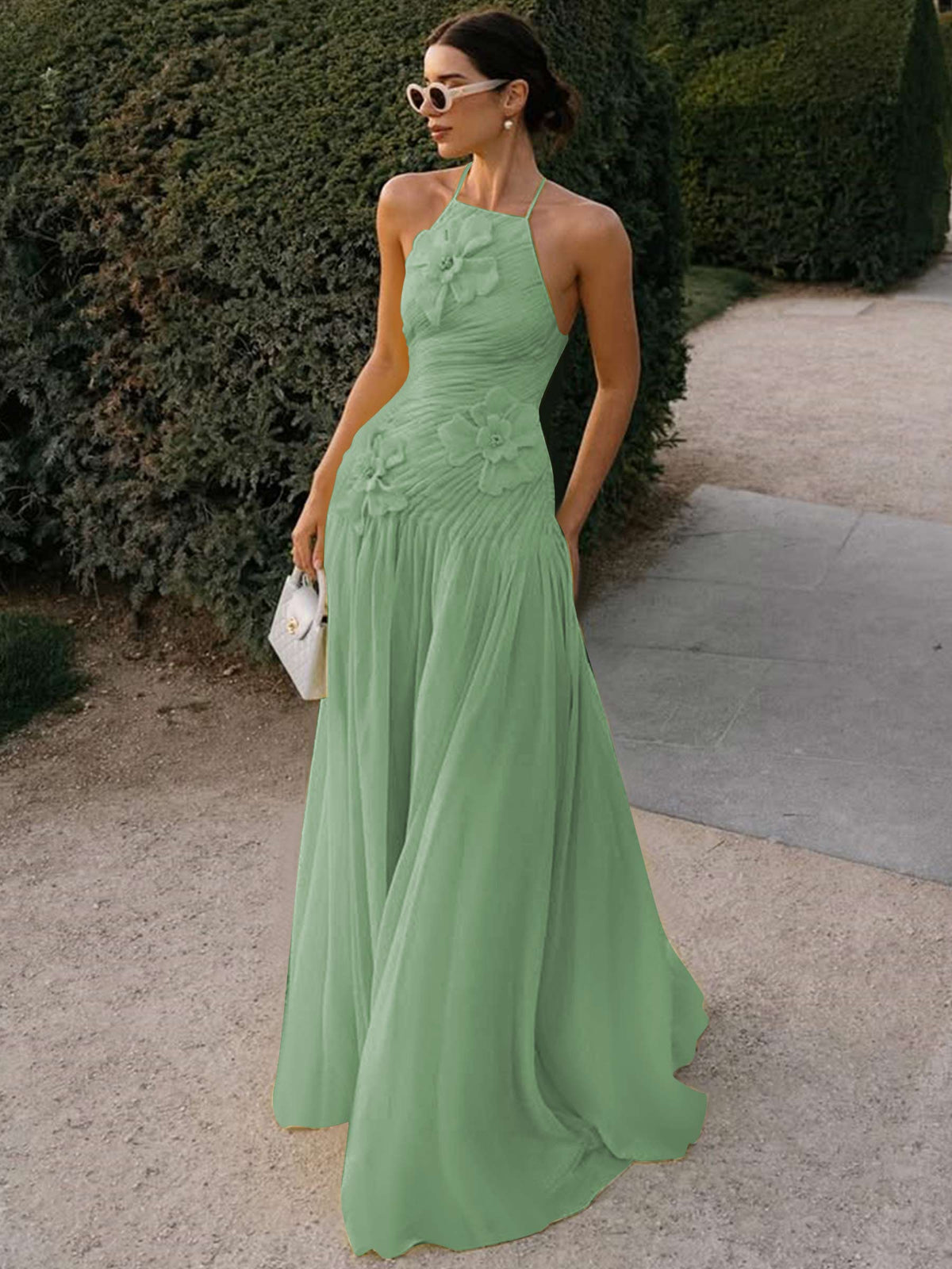Halter Long Pleated Chiffon Prom Dress with 3D Flower