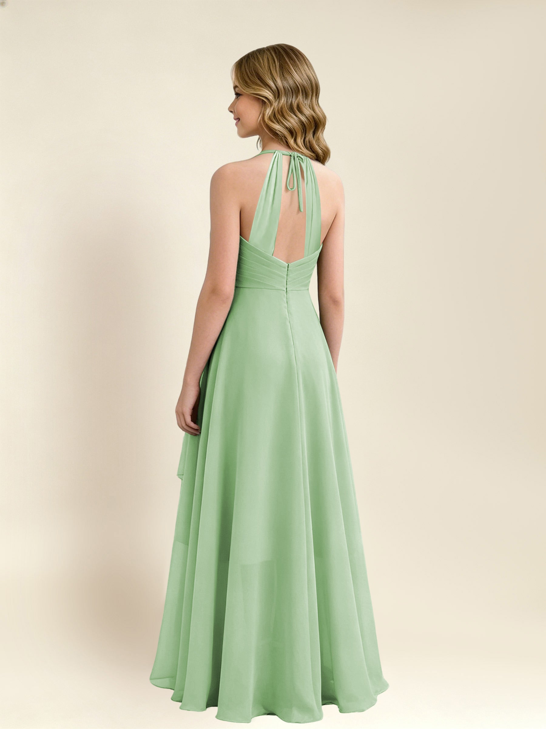 ROVDESY A-Line Halter Pleated Chiffon Junior Bridesmaid Dress
