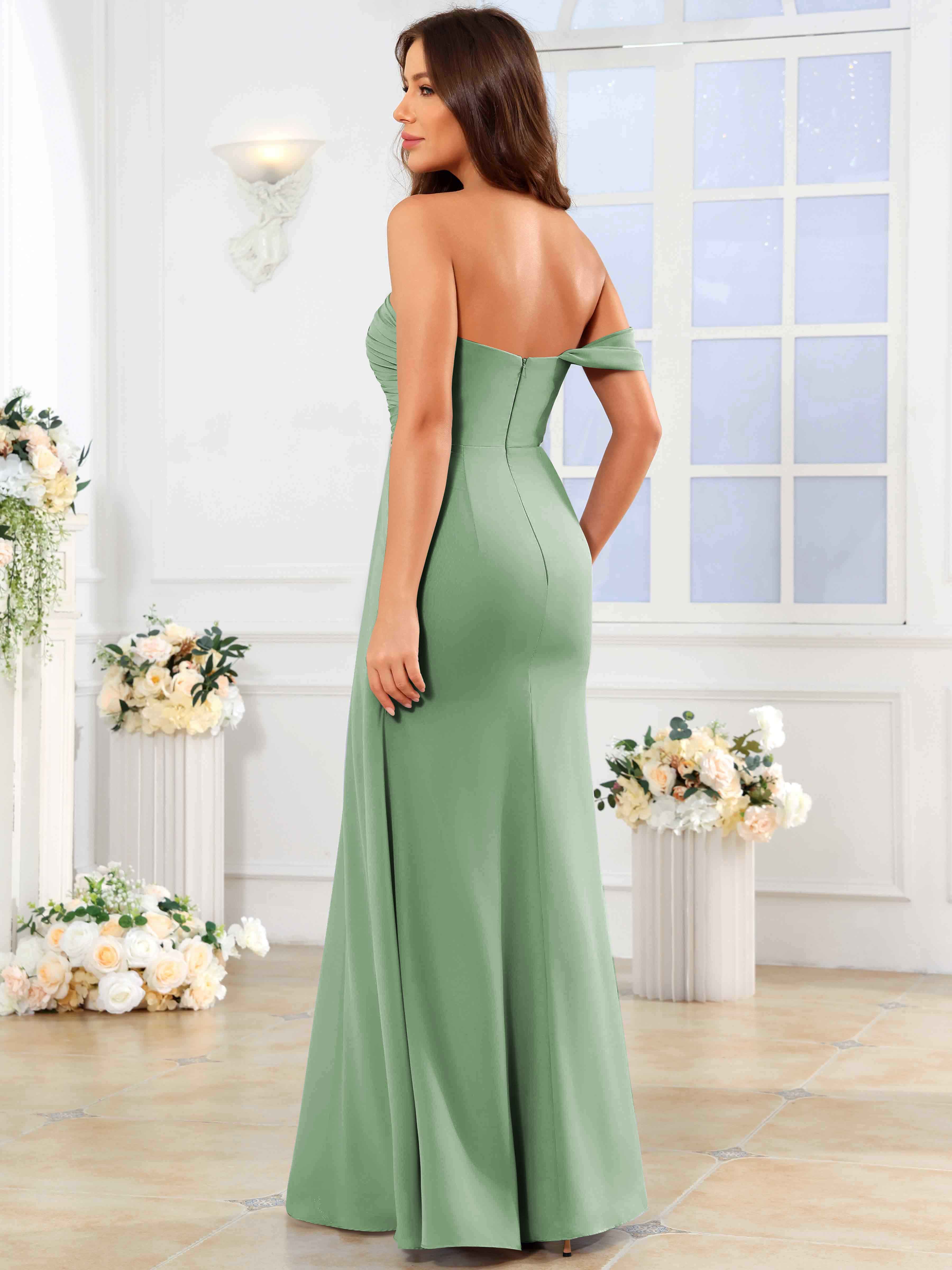 ROVDESY One Shoulder Off The Shoulder Pleated Chiffon Bridesmaid Dress