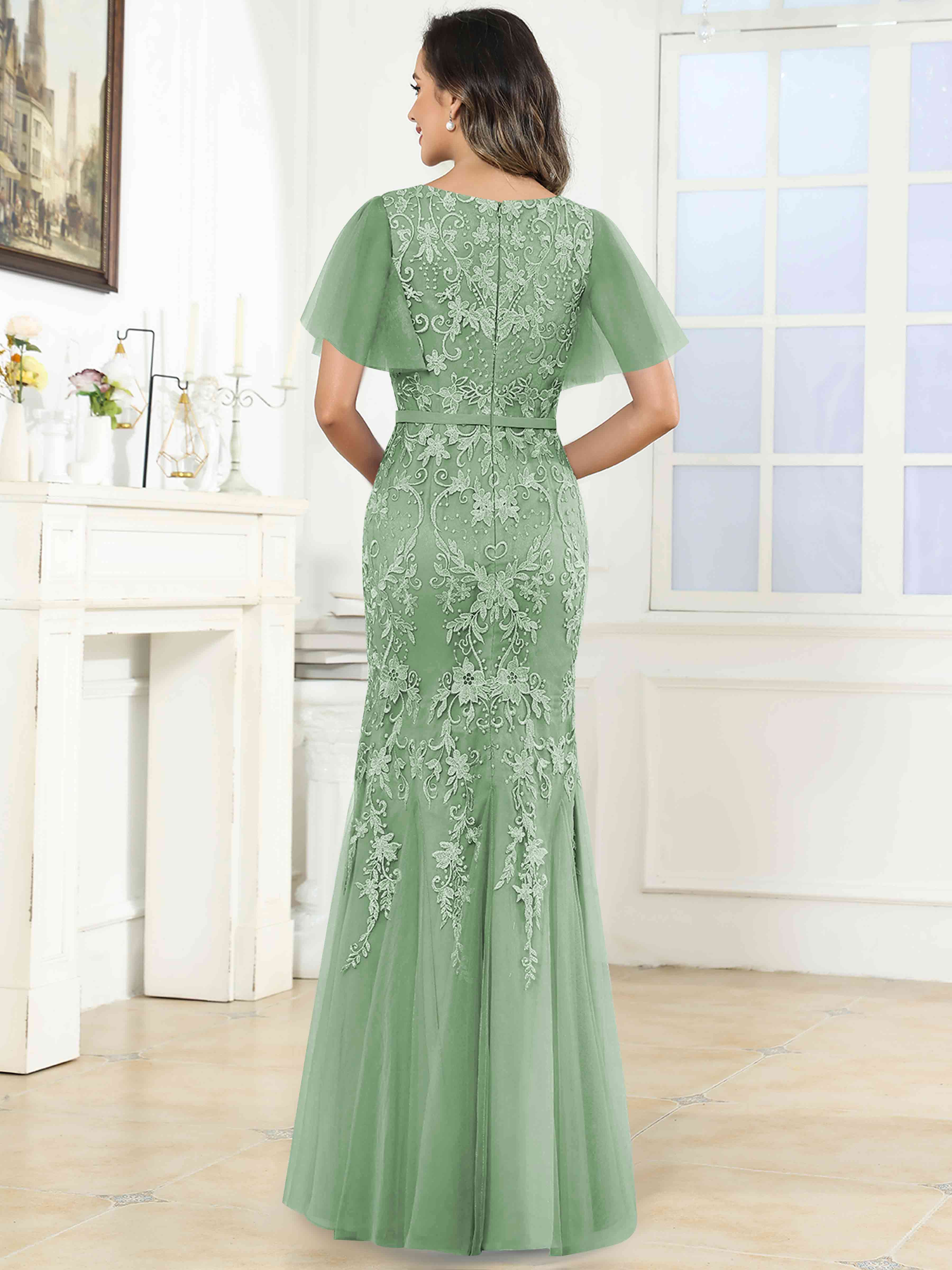 ROVDESY Elegant V-Neck Lace Mermaid Long Mother Of The Bride Dress Formal Gown With Sleeves