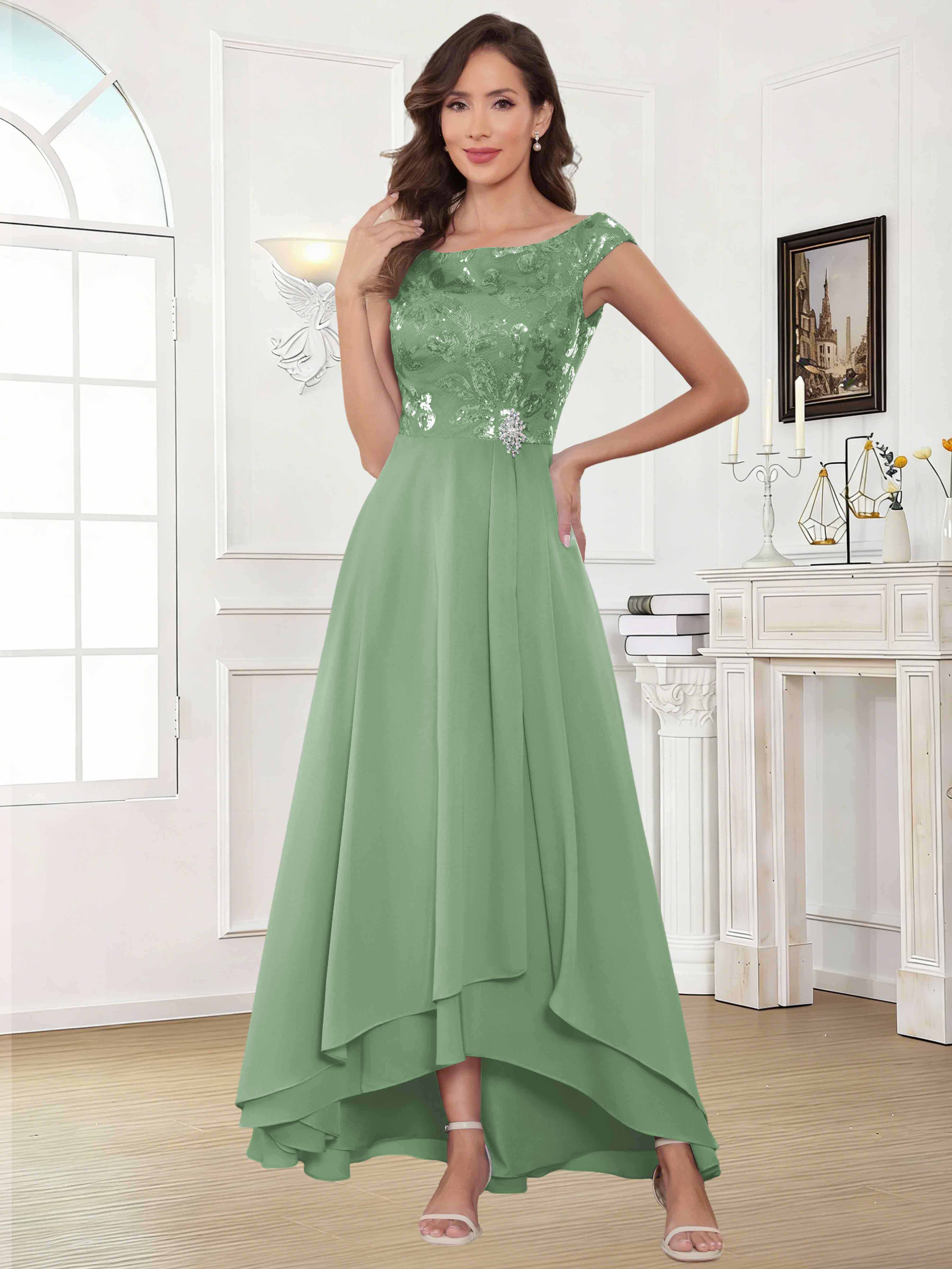 ROVDESY Tea Length Off-The-Shoulder Sequin Chiffon Mother Of The Bride Dress