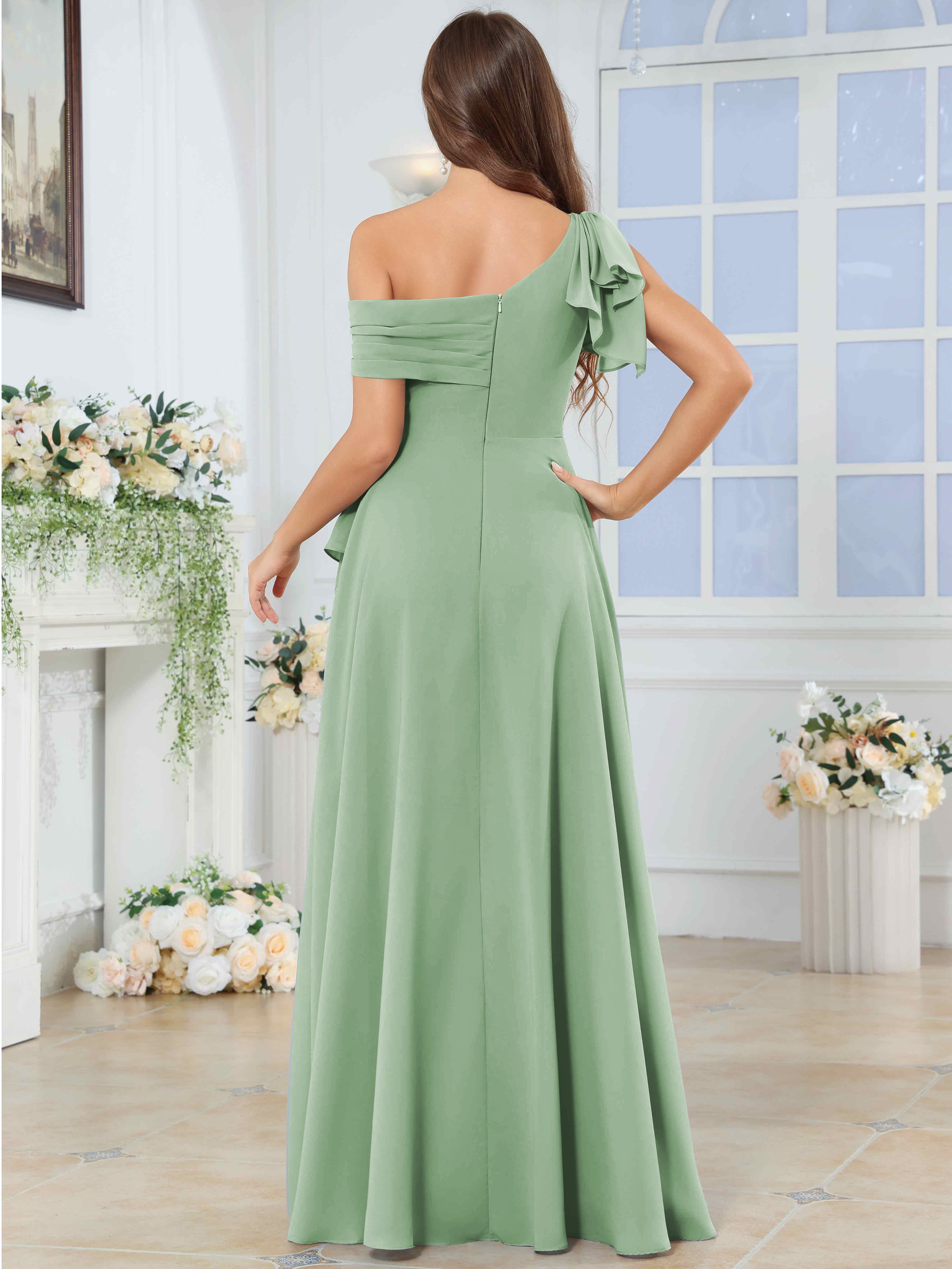 ROVDESY One Shoulder Pleated Ruffle Chiffon Bridesmaid Dress With Slit
