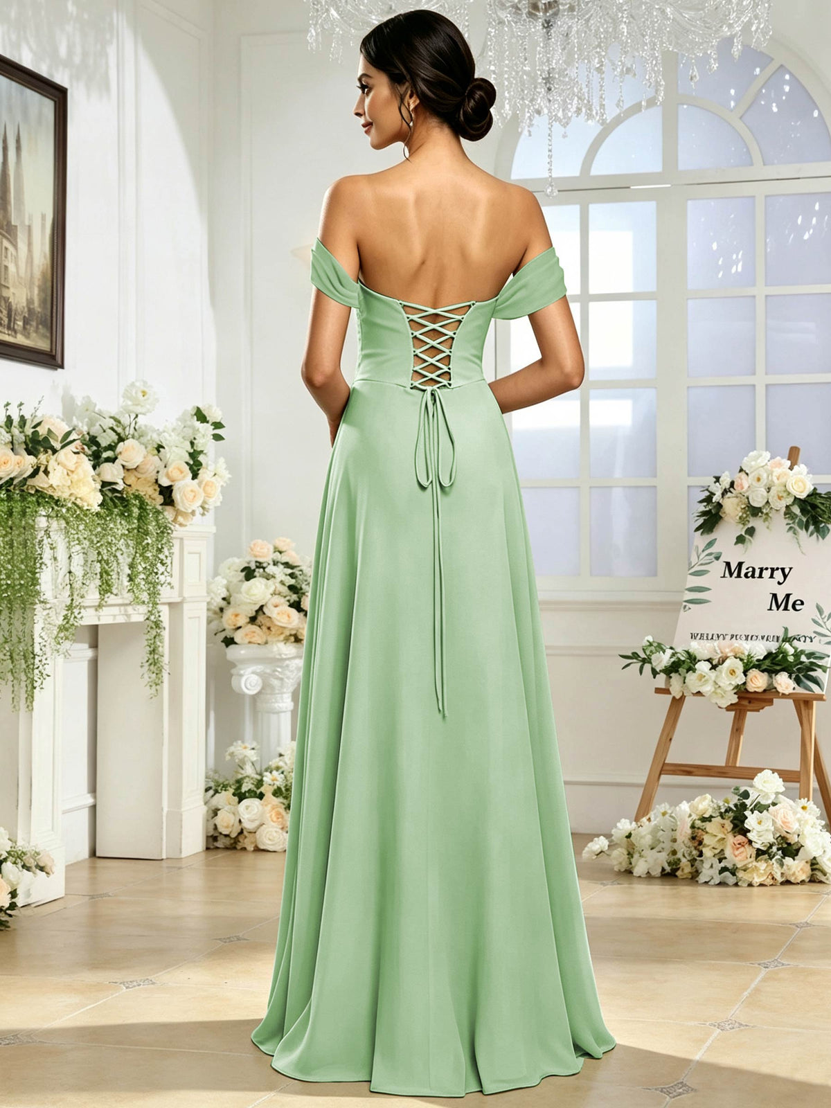 Off the Shoulder Chiffon A Line Long Bridesmaid Dress with Slit