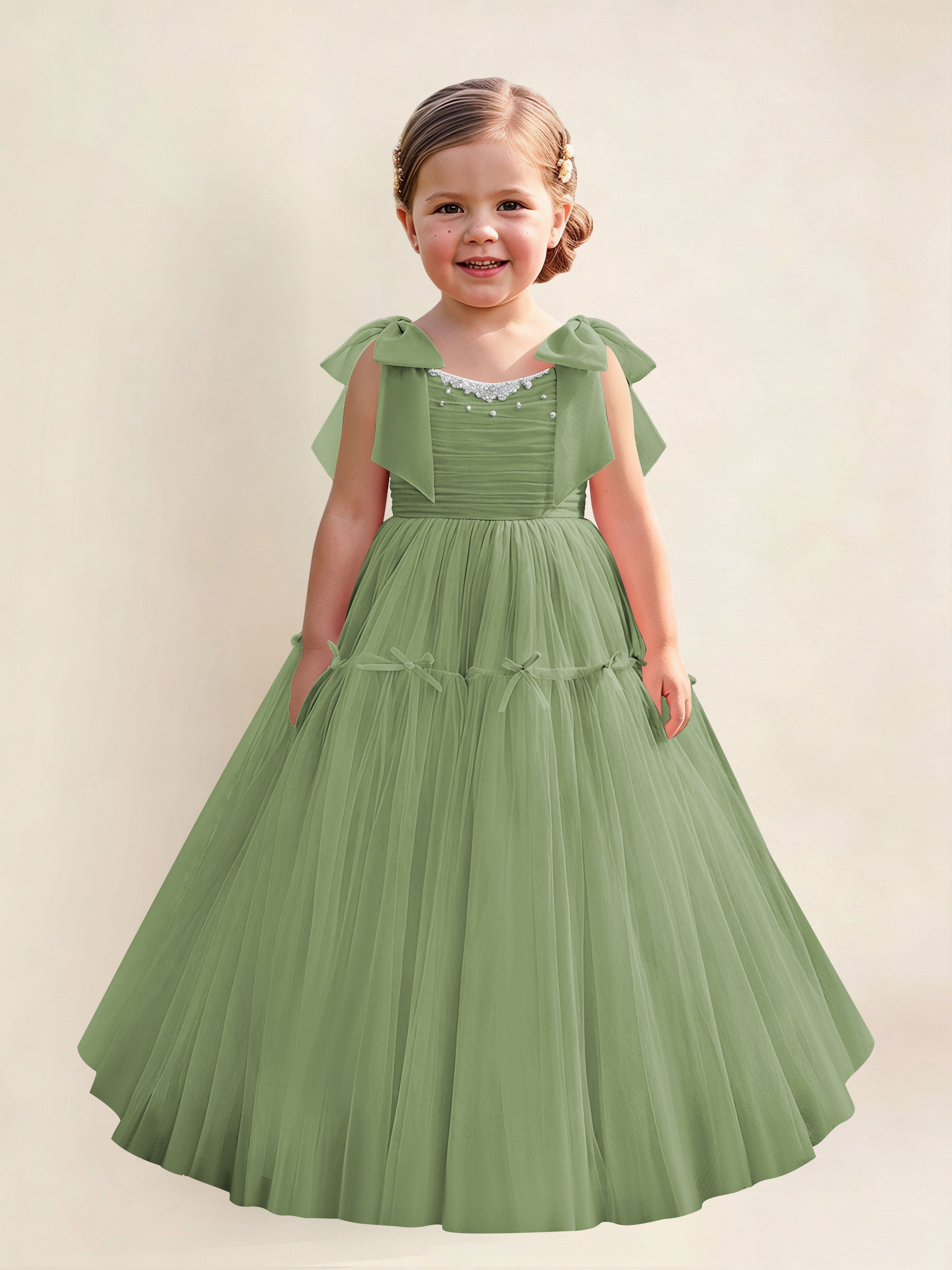 ROVDESY A-Line Tulle Flower Girl Dress With Bow Long Ball Gown Dress
