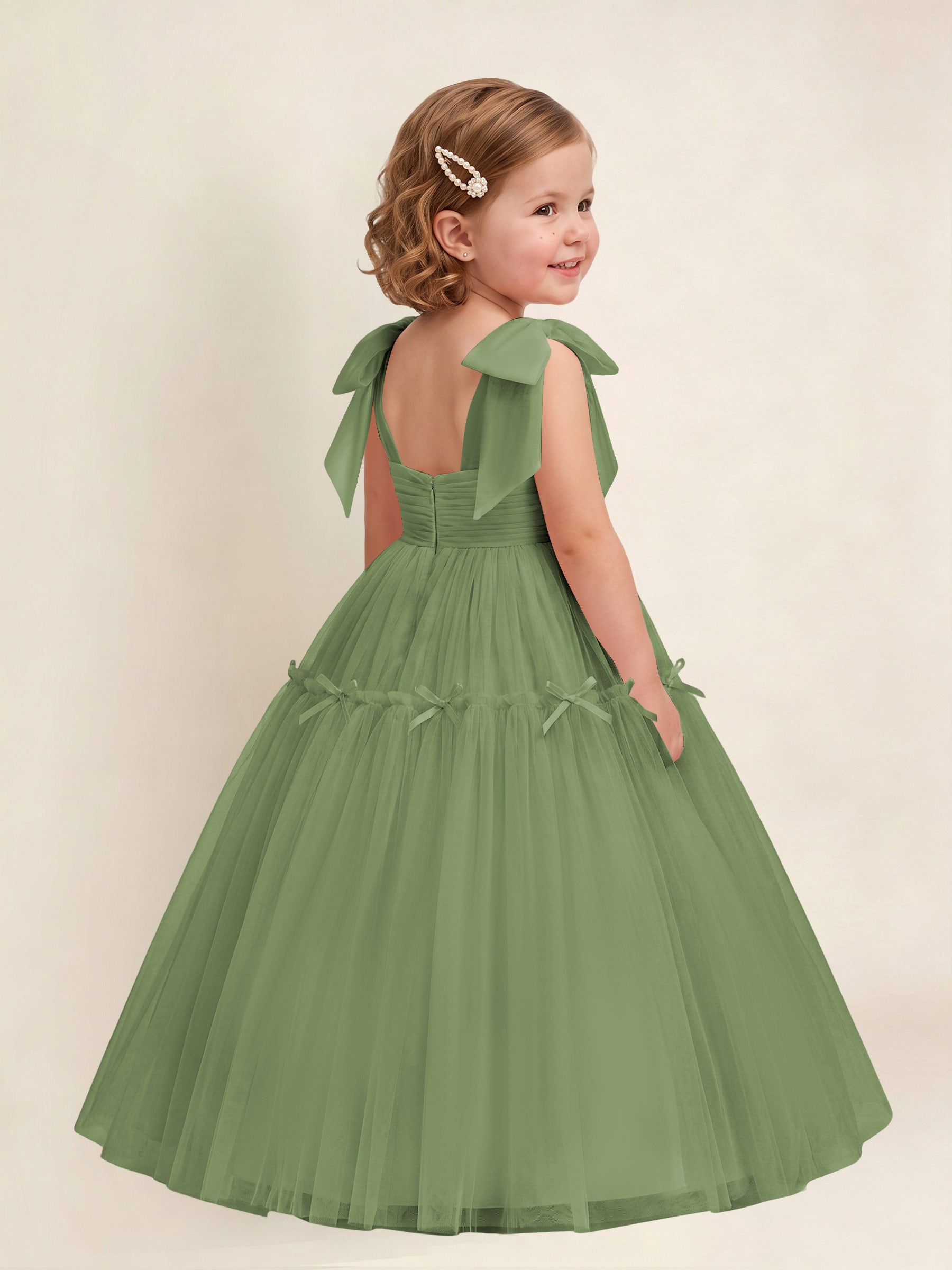ROVDESY A-Line Tulle Flower Girl Dress With Bow Long Ball Gown Dress