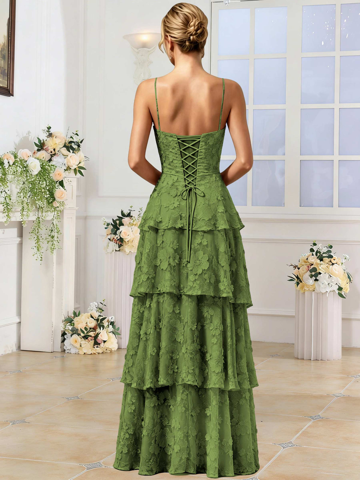 Spaghetti Strap 3D Floral Tiered Tulle Formal Prom Dress