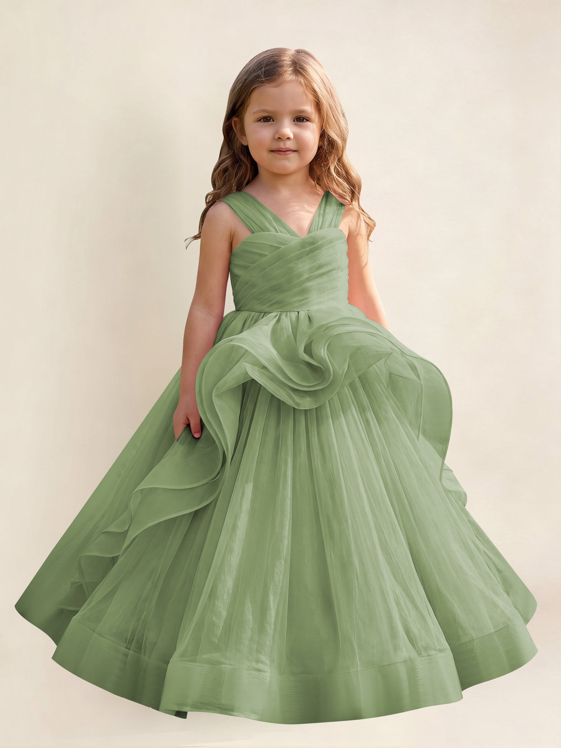 ROVDESY A-Line V-Neck Tulle Flower Girl Dress With Sleeveless Long Ball Gown Dress