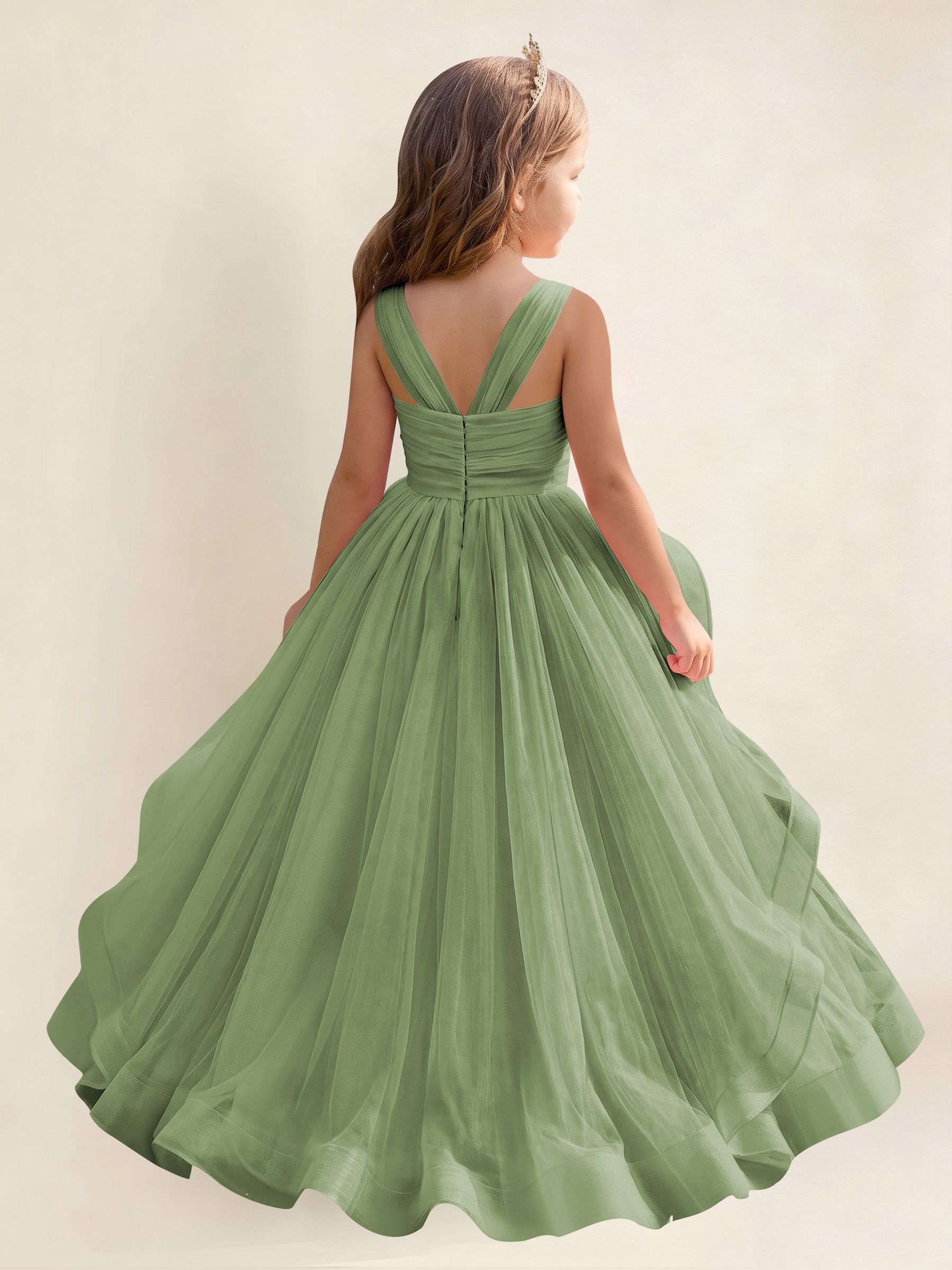 ROVDESY A-Line V-Neck Tulle Flower Girl Dress With Sleeveless Long Ball Gown Dress