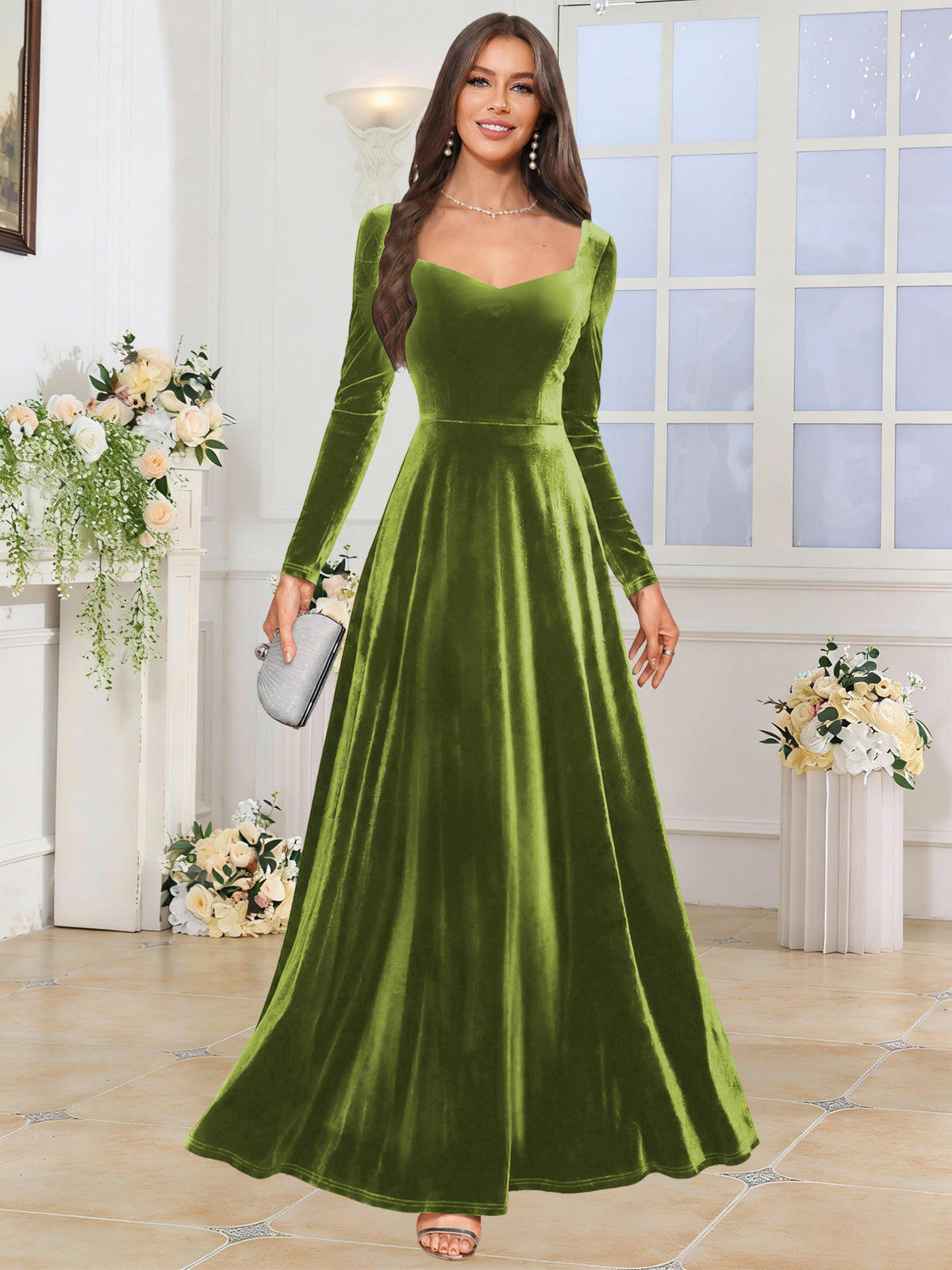 Velvet A Line Long Sleeve Bridesmaid Dresses