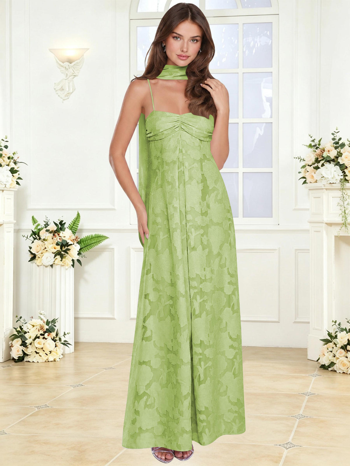 Spaghetti Strap Ruched Floral Jacquard A Line Bridesmaid Dress with Scarf
