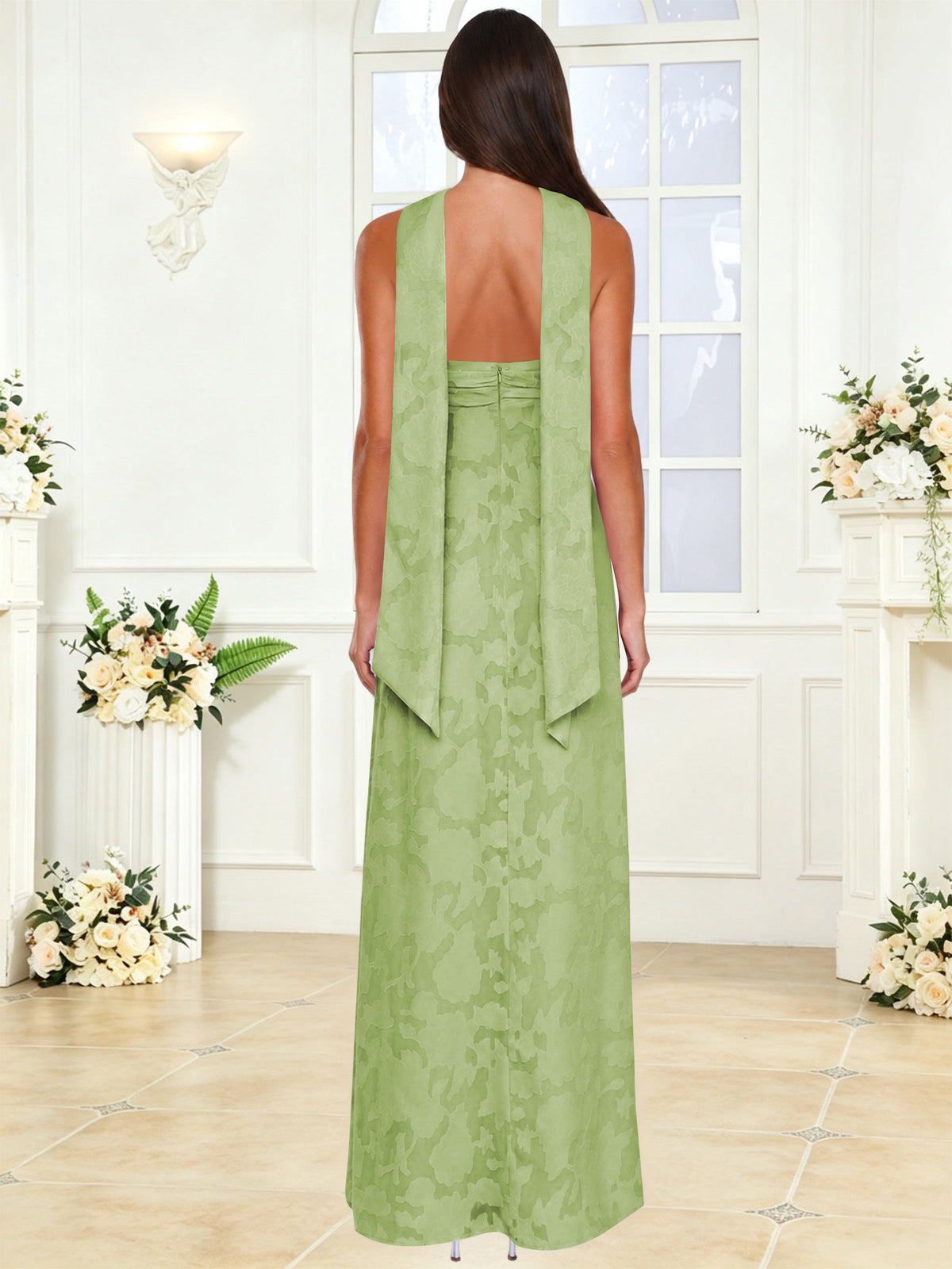 Spaghetti Strap Ruched Floral Jacquard A Line Bridesmaid Dress with Scarf