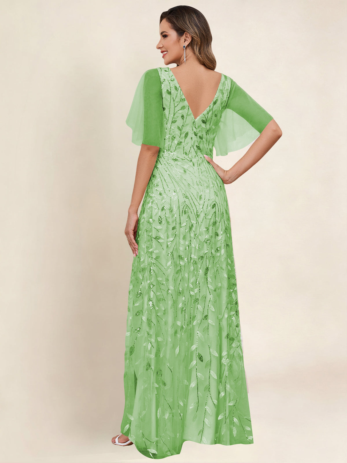 V Neck Sequin Tulle A Line Mother of the Bride Dress with Sleeves