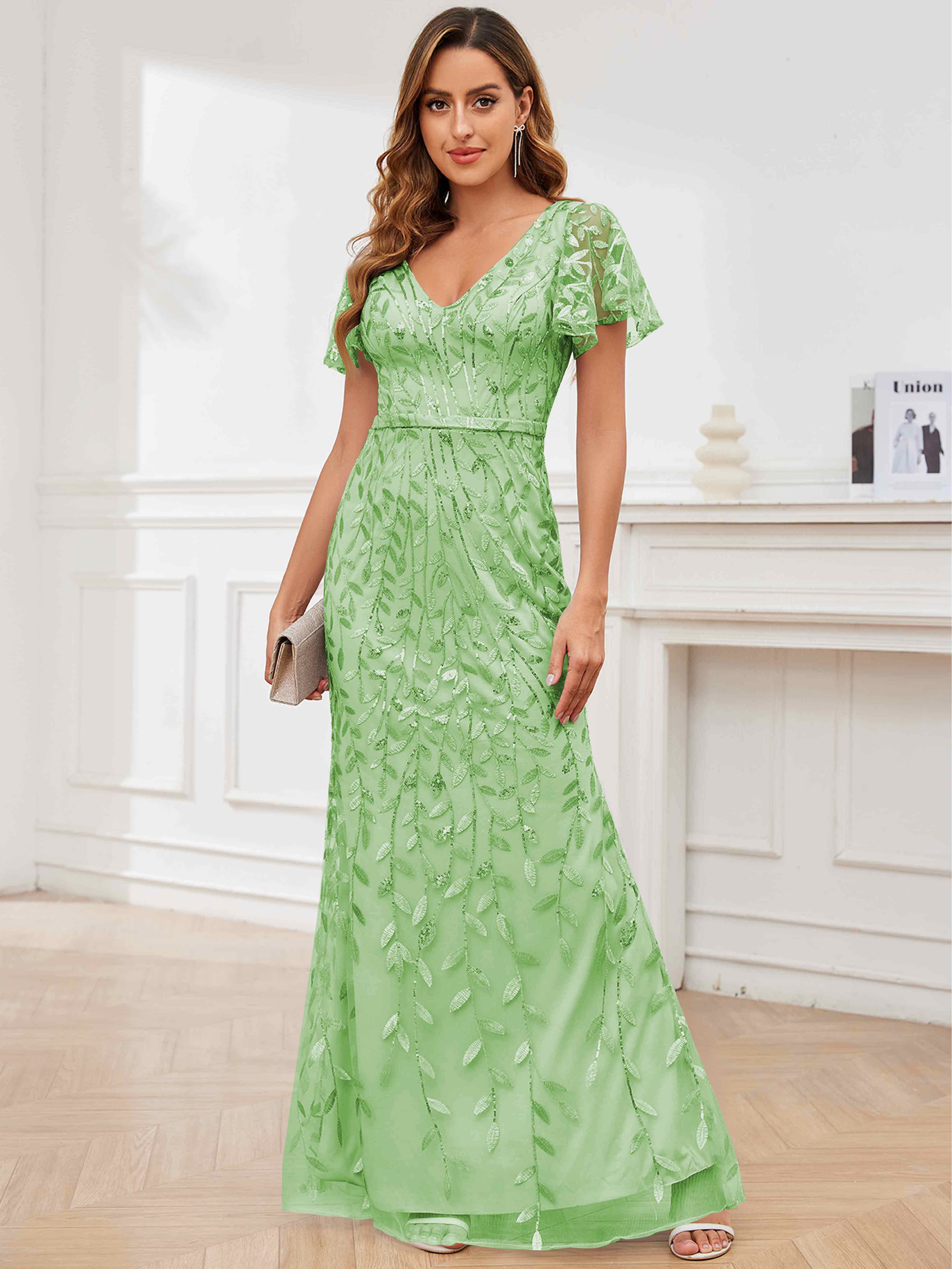 ROVDESY V-Neck Mermaid Sequin Mother Of The Bride Dress With Short Sleeves