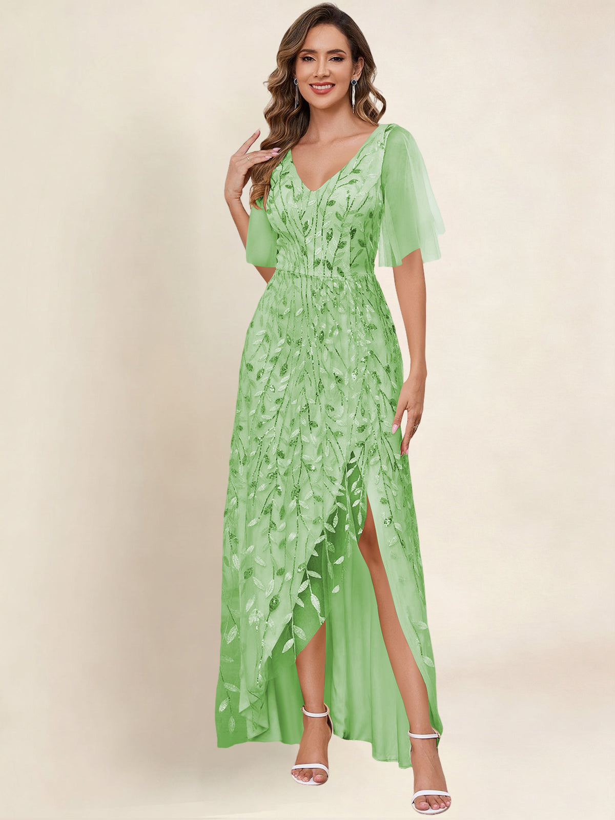 V Neck Sequin Tulle A Line Mother of the Bride Dress with Sleeves