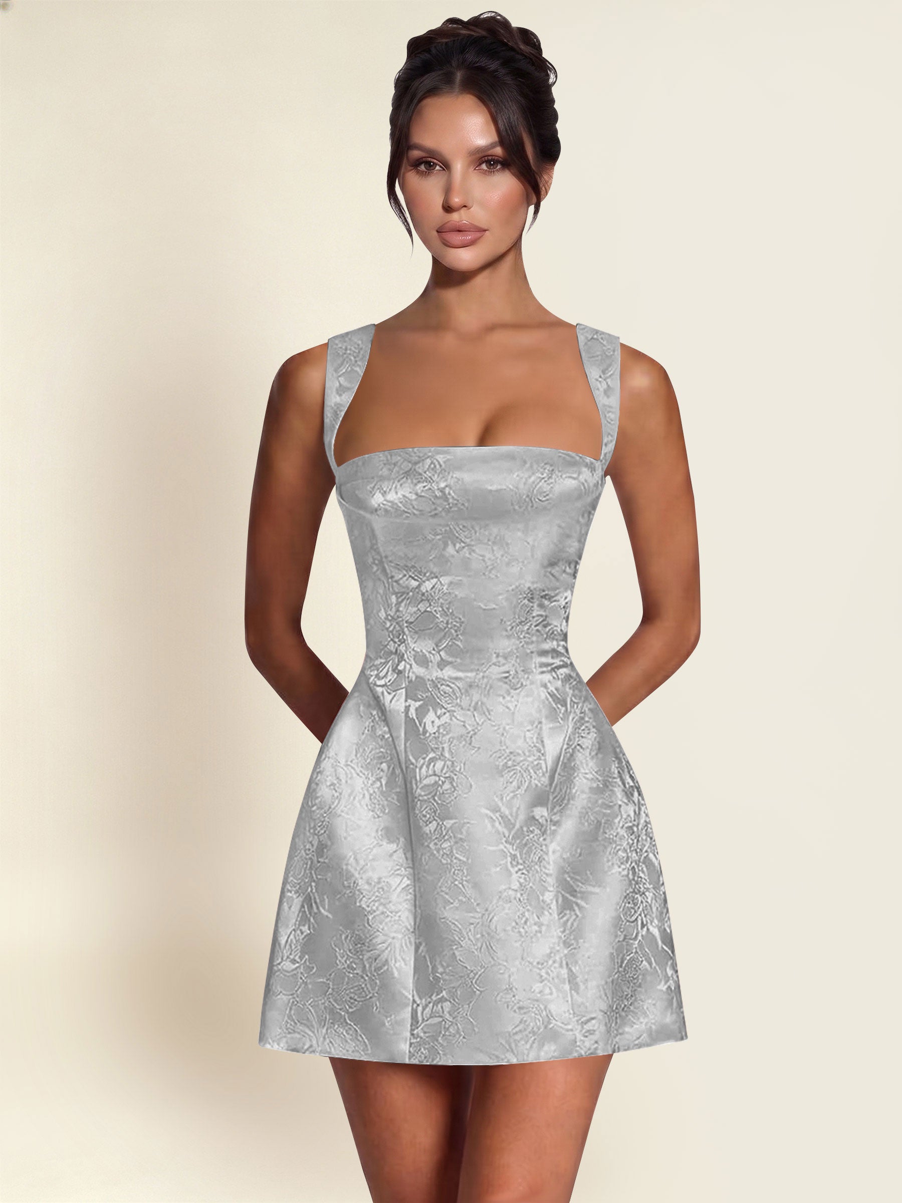 ROVDESY A-Line Square Neck Jacquard Satin Homecoming Mini Dress