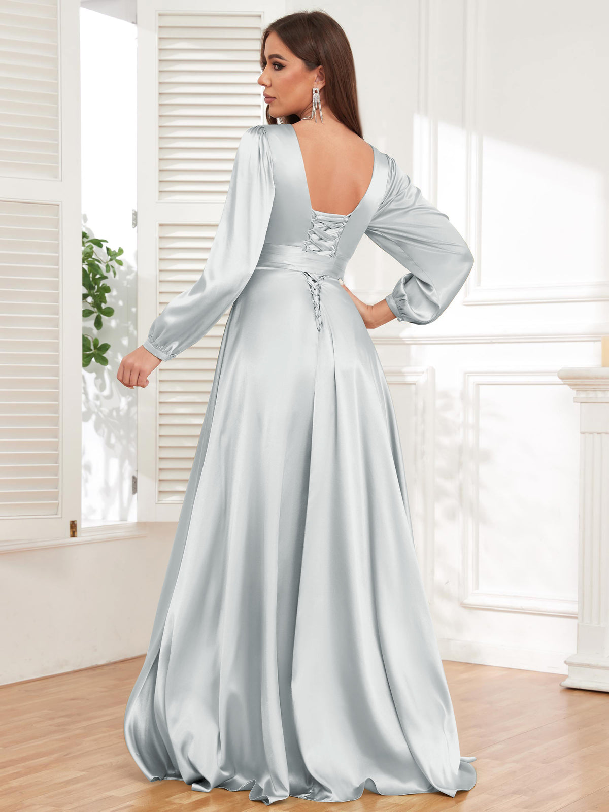 V Neck Satin Long Sleeve Bridesmaid Dress with Slit