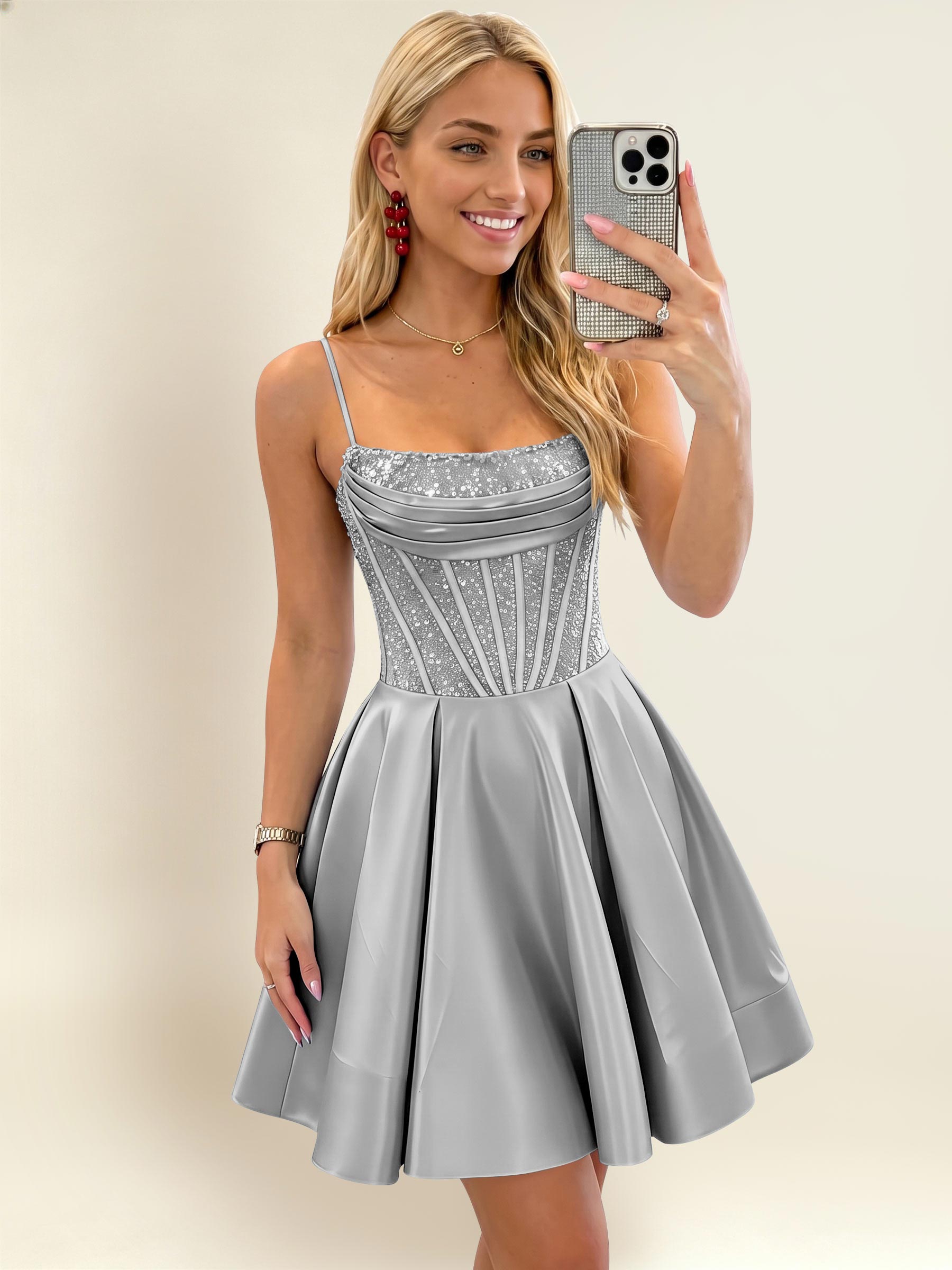 ROVDESY A-Line Spaghetti Strap Sequin Corset Satin Homecoming Mini Dress
