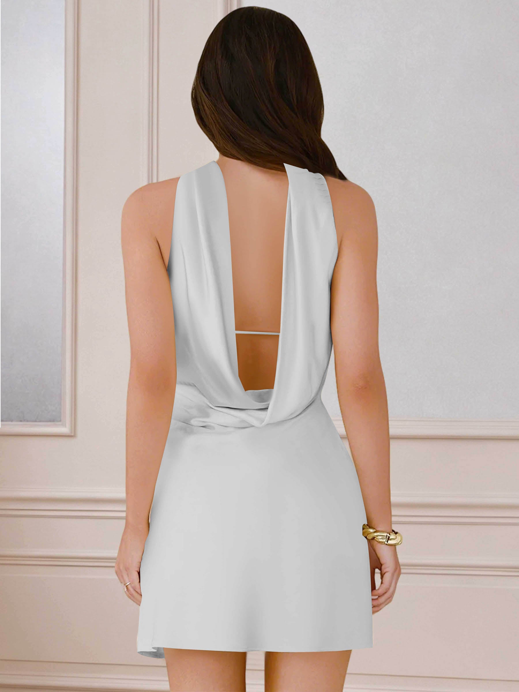 ROVDESY A-Line Halter Neck Satin Homecoming Mini Dress