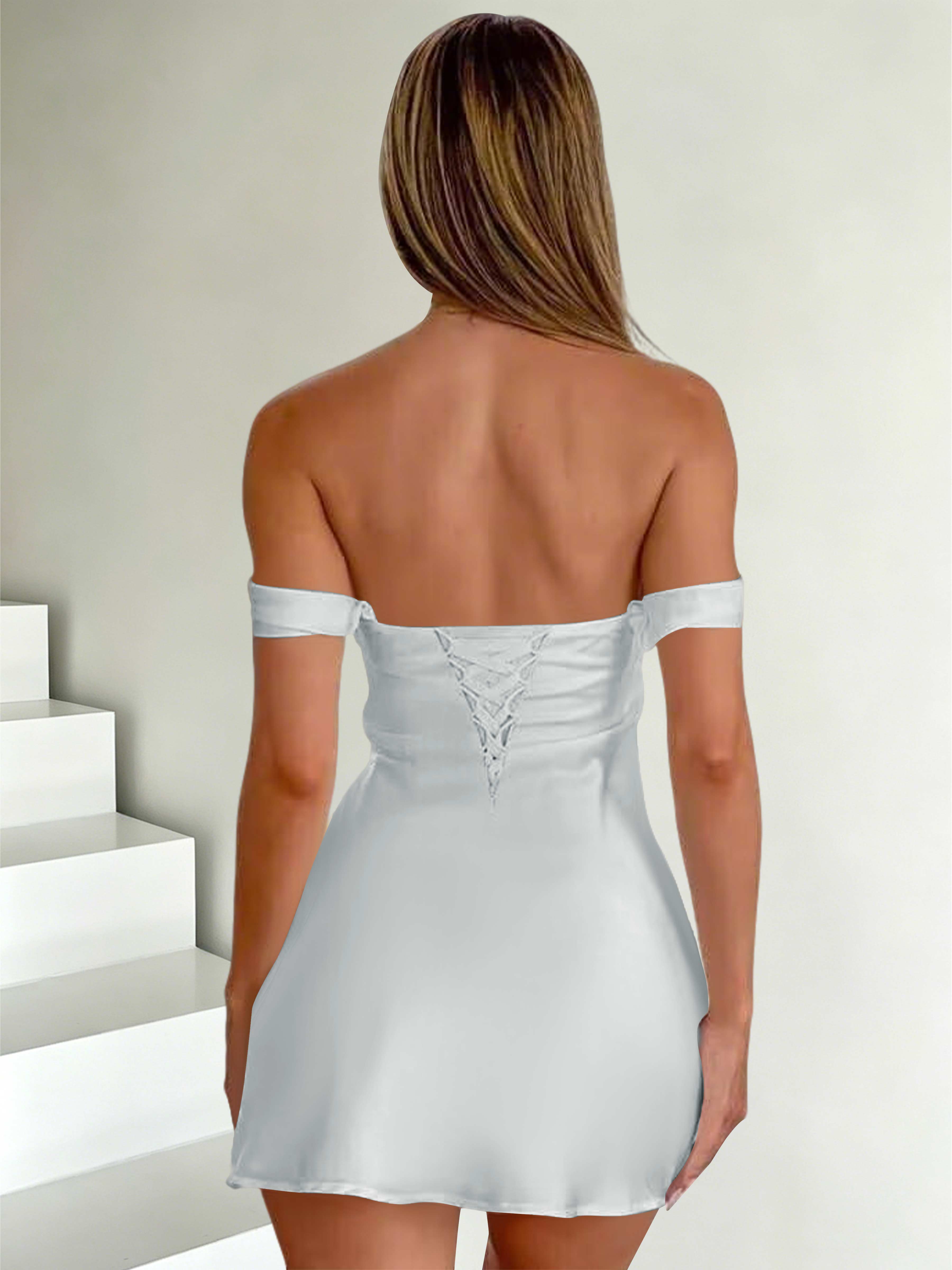 ROVDESY Off The Shoulder A-Line Pleated Satin Homecoming Mini Dress