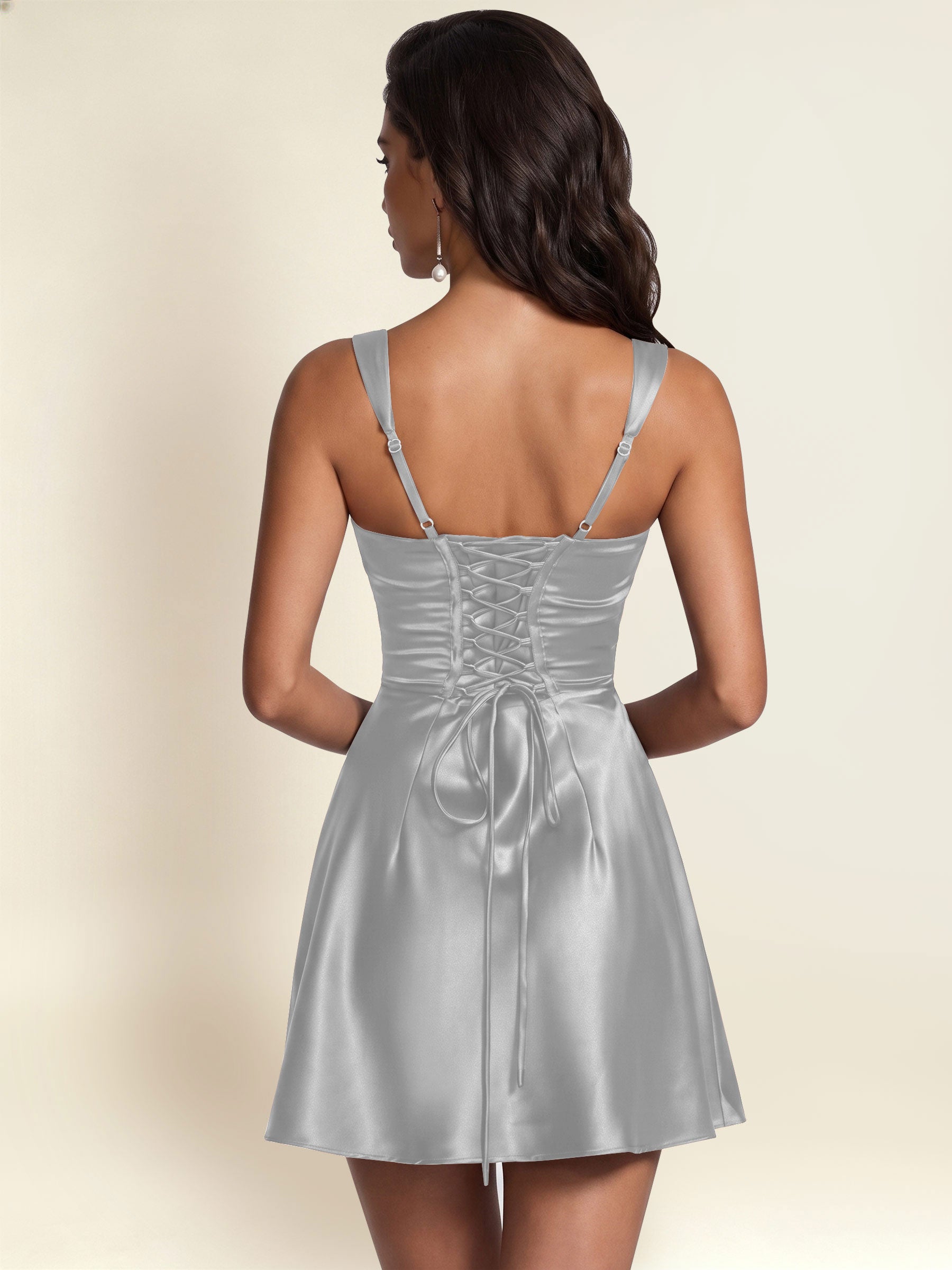 ROVDESY Square Neck Pleated Satin Homecoming Mini Dress