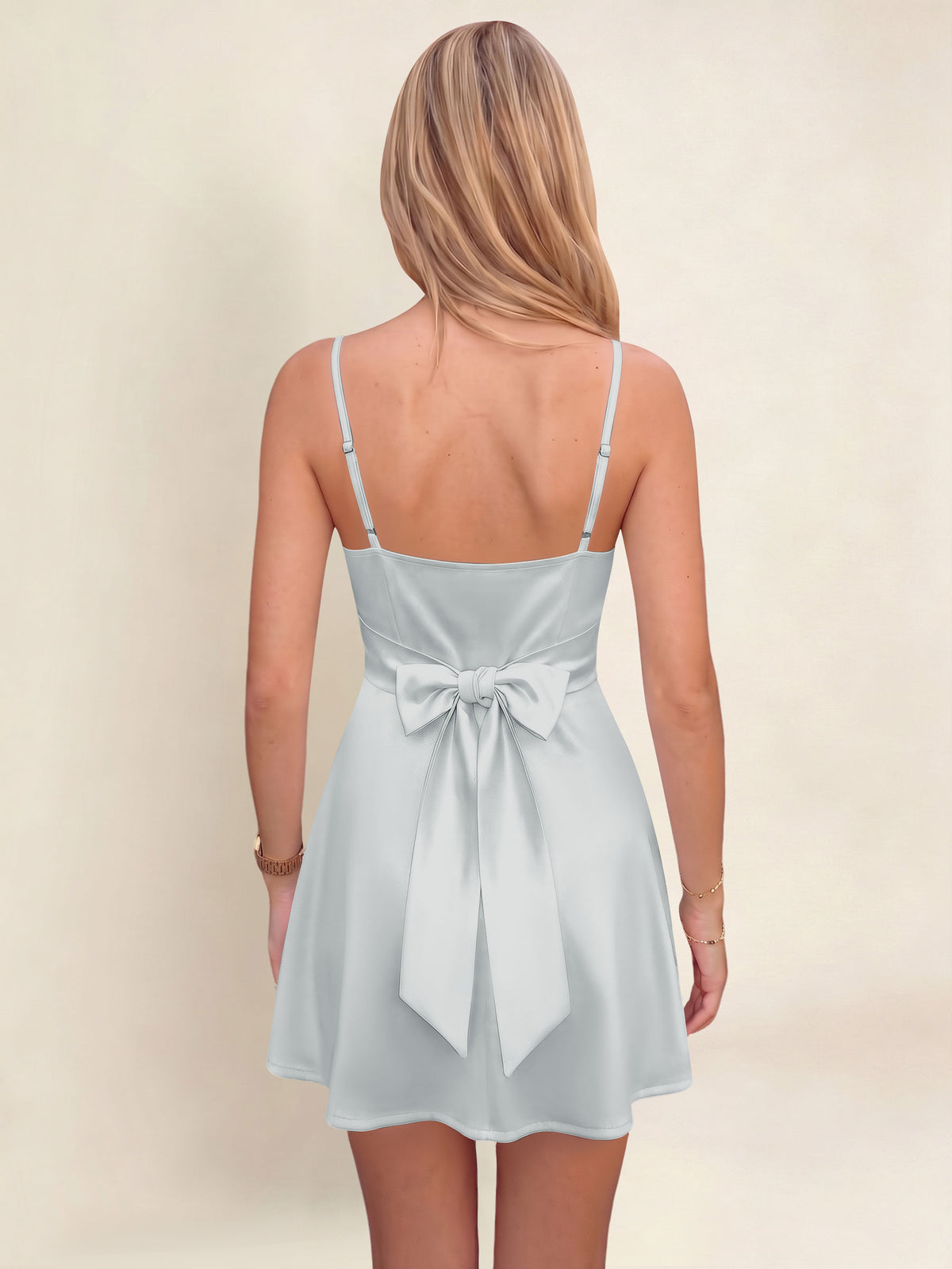 ROVDESY A-Line Spaghetti Strap Cowl Neck Satin Mini Homecoming Dress With Bow