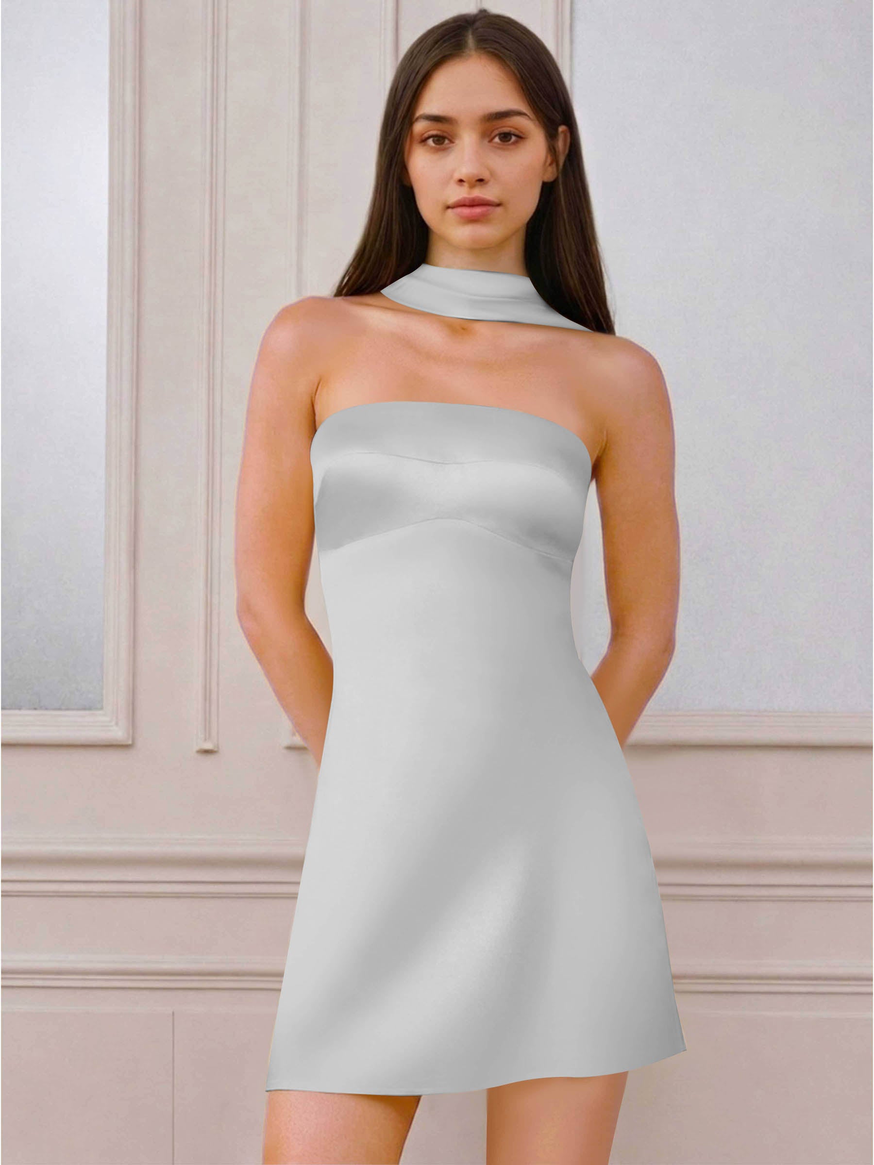 ROVDESY A-Line Halter Neck Satin Homecoming Mini Dress