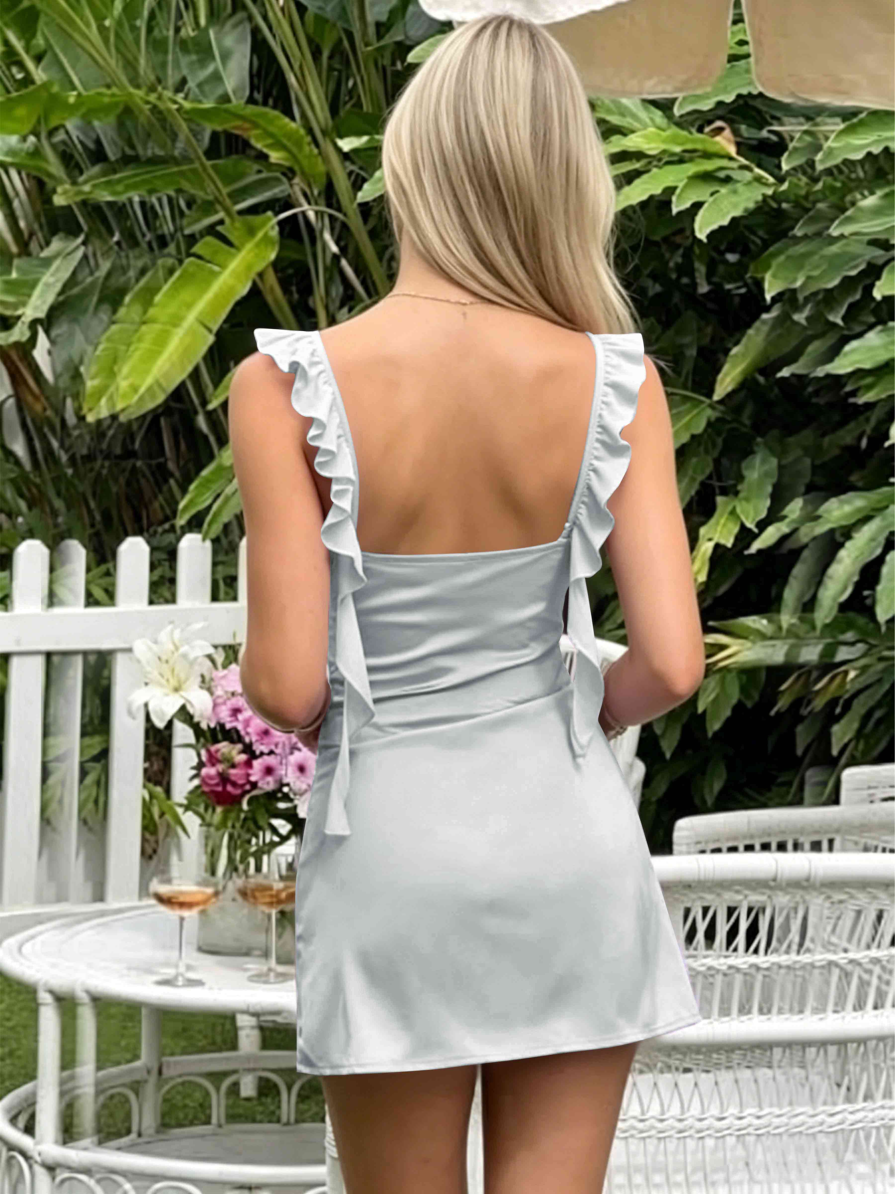 ROVDESY A-Line Ruffle Strap Satin Homecoming Mini Dress