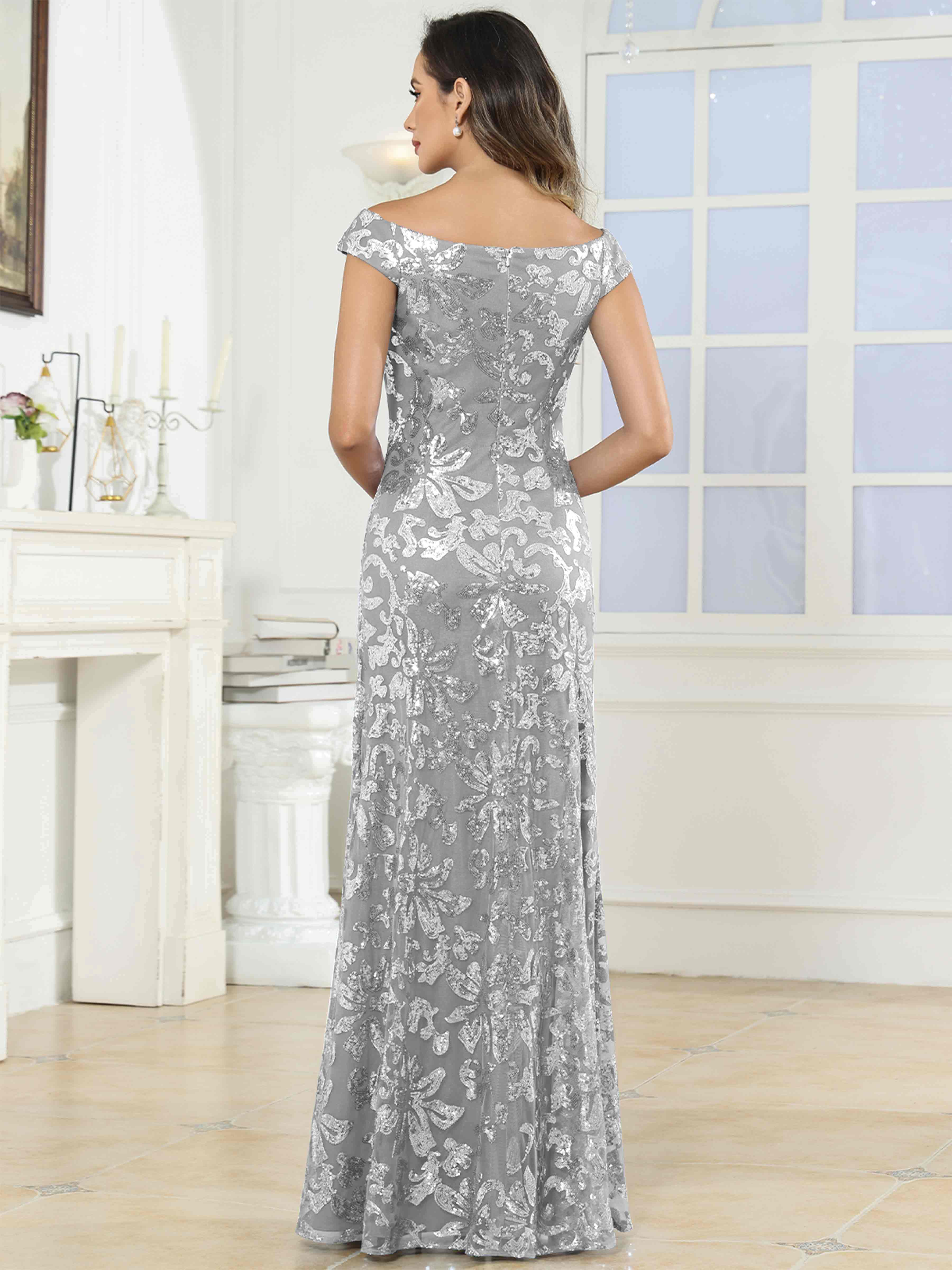 ROVDESY Off-The-Shoulder Mermaid Sequin Mother Of The Bride Dress Formal Gown