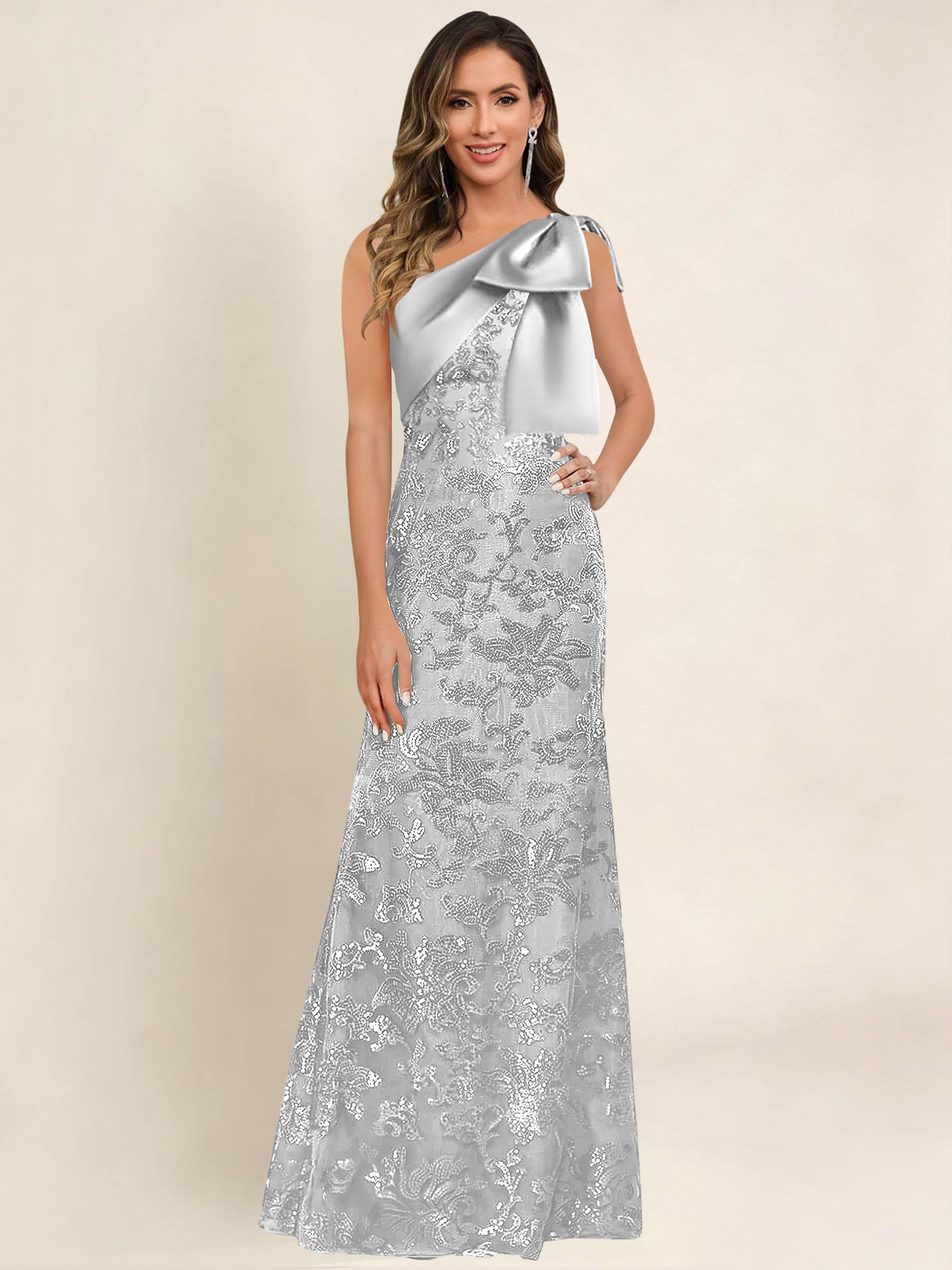 ROVDESY One Shoulder Sequin Mermaid Long Mother Of The Bride Dress Formal Gown With Bow