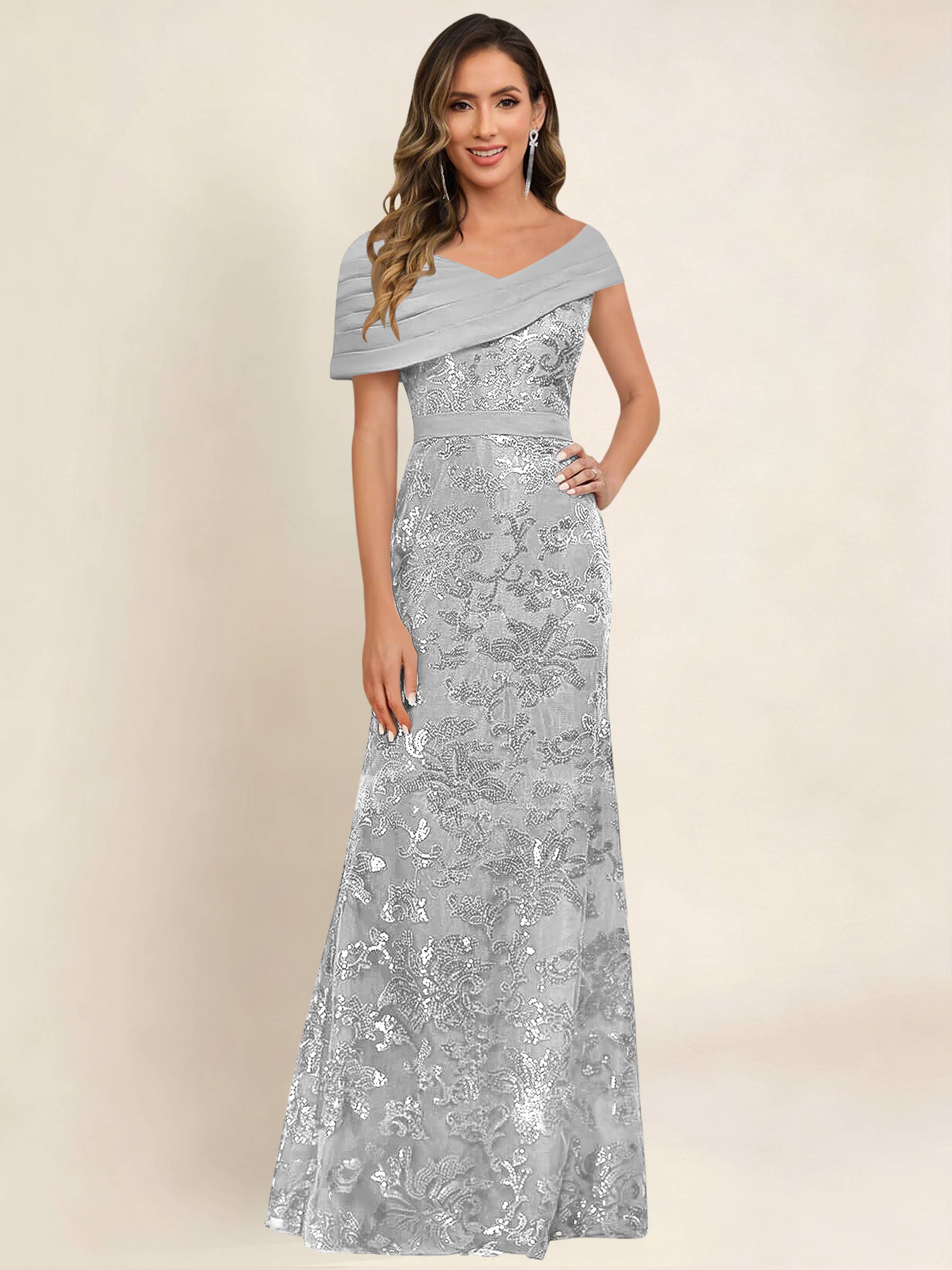 ROVDESY Off the Shoulder Sequin Mermaid Long Mother Of The Bride Dress Formal Gown