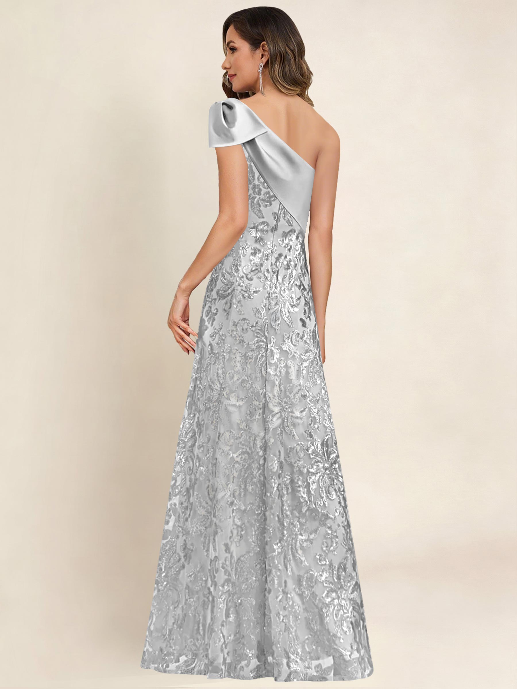 ROVDESY One Shoulder Sequin Mermaid Long Mother Of The Bride Dress Formal Gown With Bow