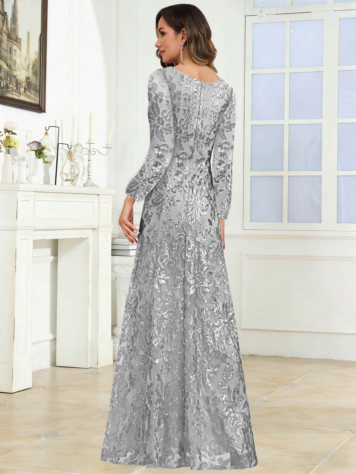 Crew Neck Sequin Lace Long Sleeve Mother of the Bride Dress