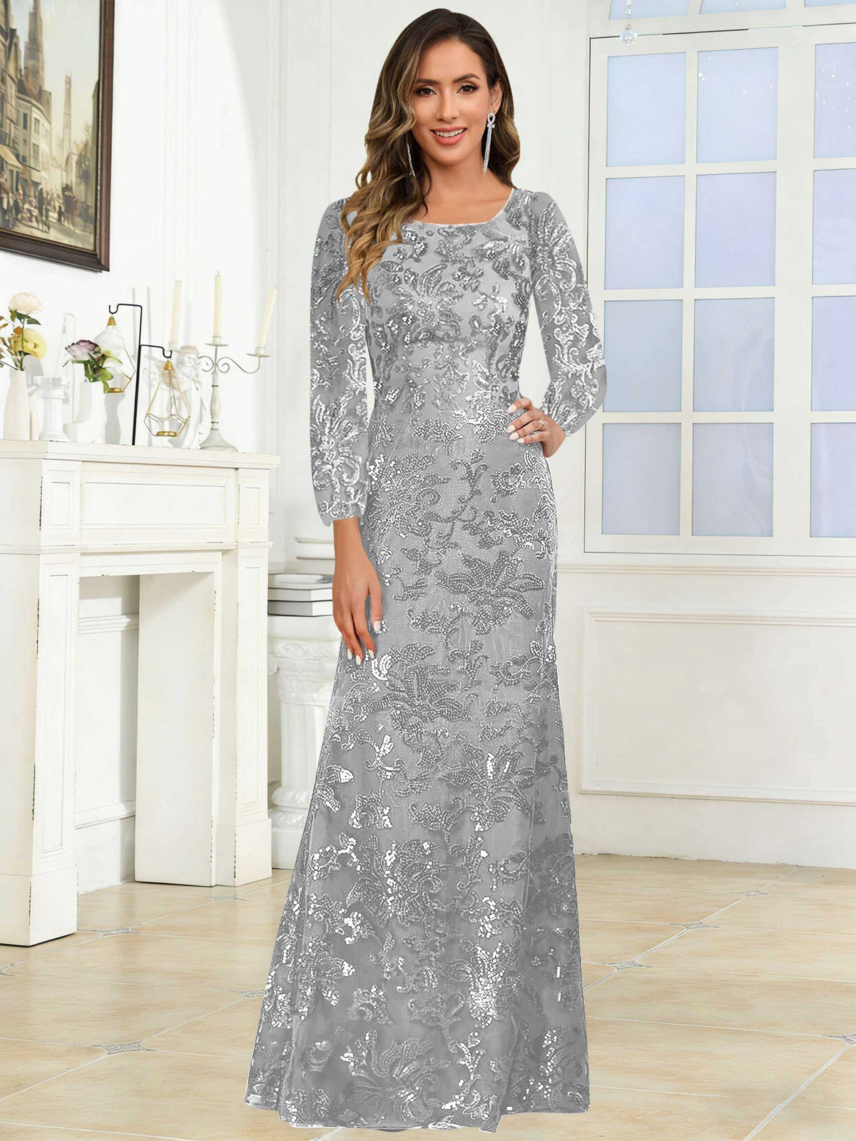 Crew Neck Sequin Lace Long Sleeve Mother of the Bride Dress