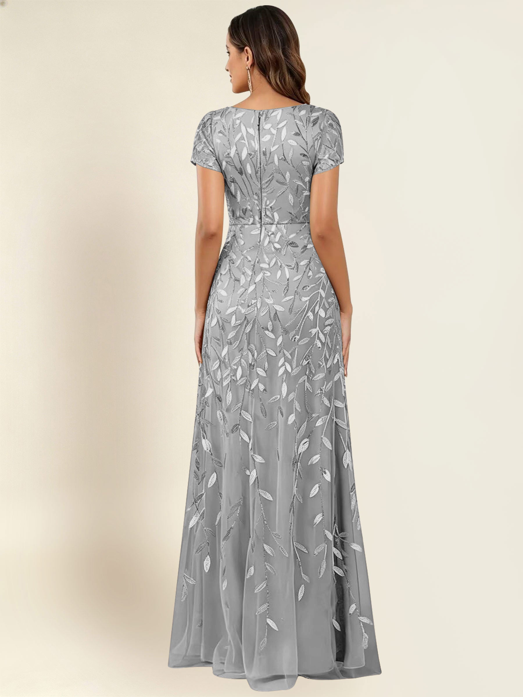 ROVDESY Sequin Mermaid Long Mother Of The Bride Dress With Short Sleeves Formal Gown