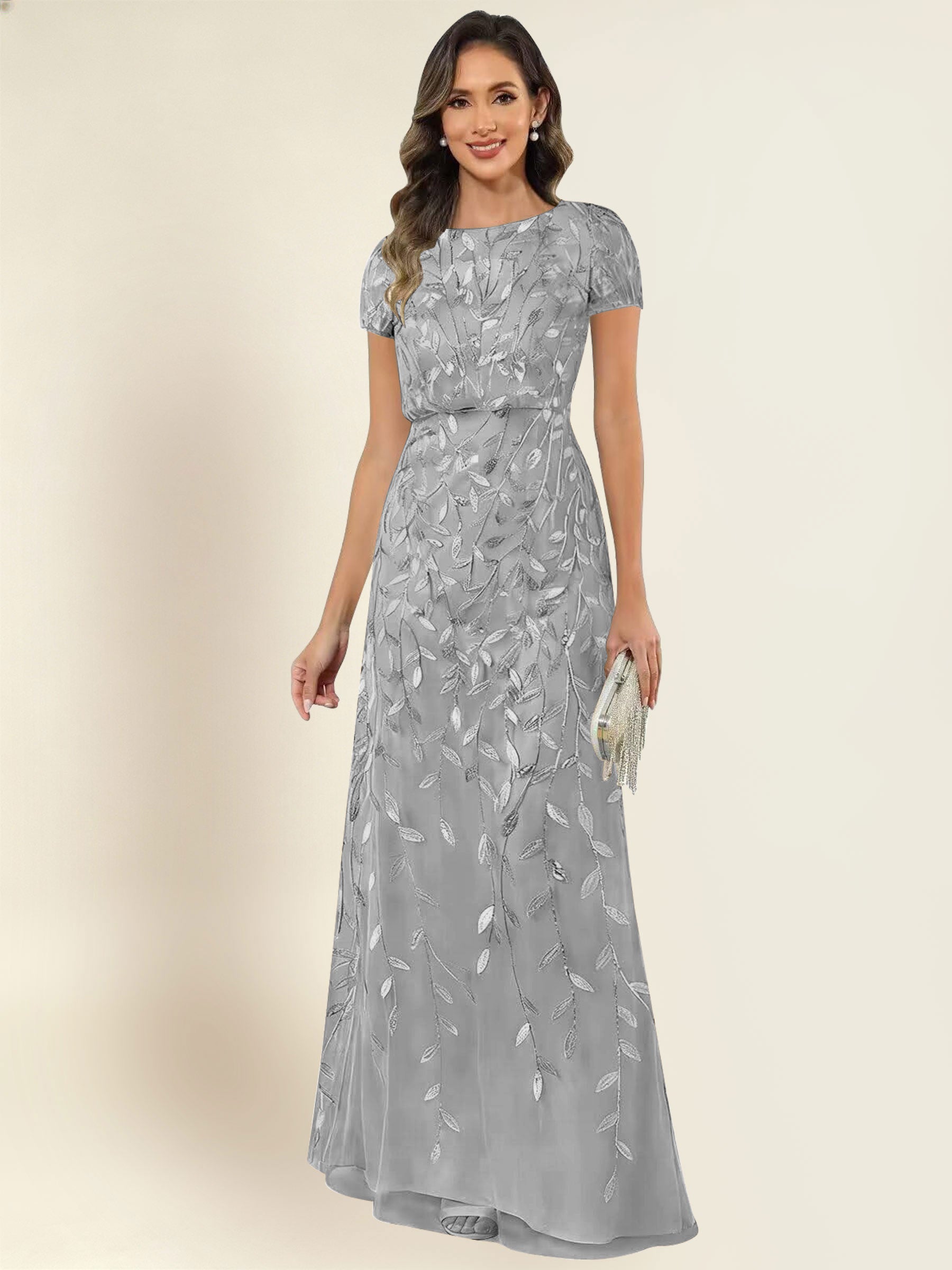 ROVDESY Sequin Mermaid Long Mother Of The Bride Dress With Short Sleeves Formal Gown